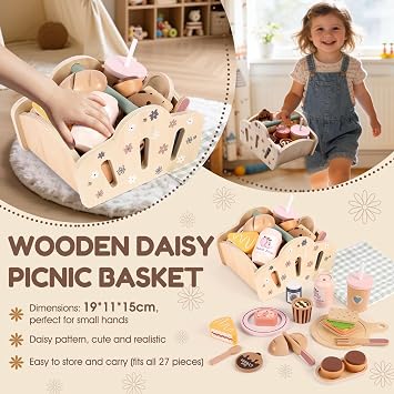 FIIOEOY Wooden Picnic Basket Toy for Toddlers, Kids Play Food Set with Dessert Food and Mat, Outdoor Pretend Play Kitchen Accessories Gift for Girls Boys 3 4 5 Years Old