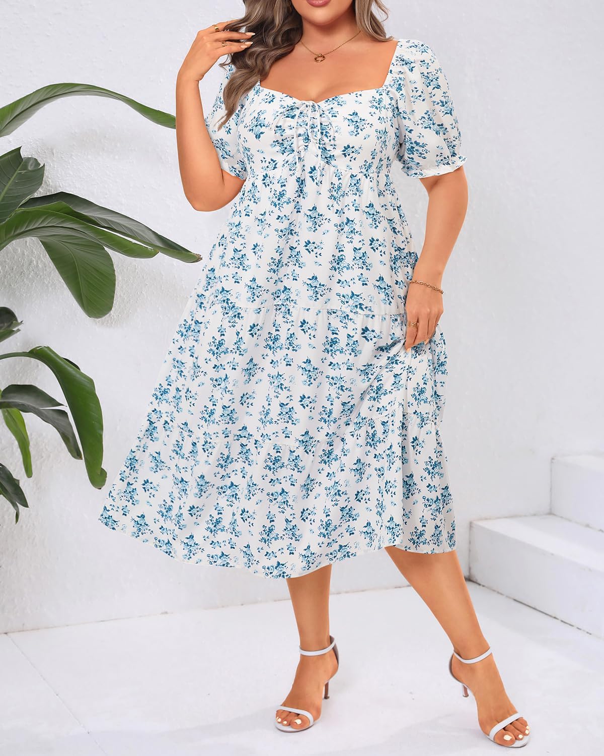 Plus Size Summer Dresses - Sweetheart Neck Drawstring Puff Sleeve Casual Wedding Guest Tiered Aline Flowy Midi Dress - Image 4