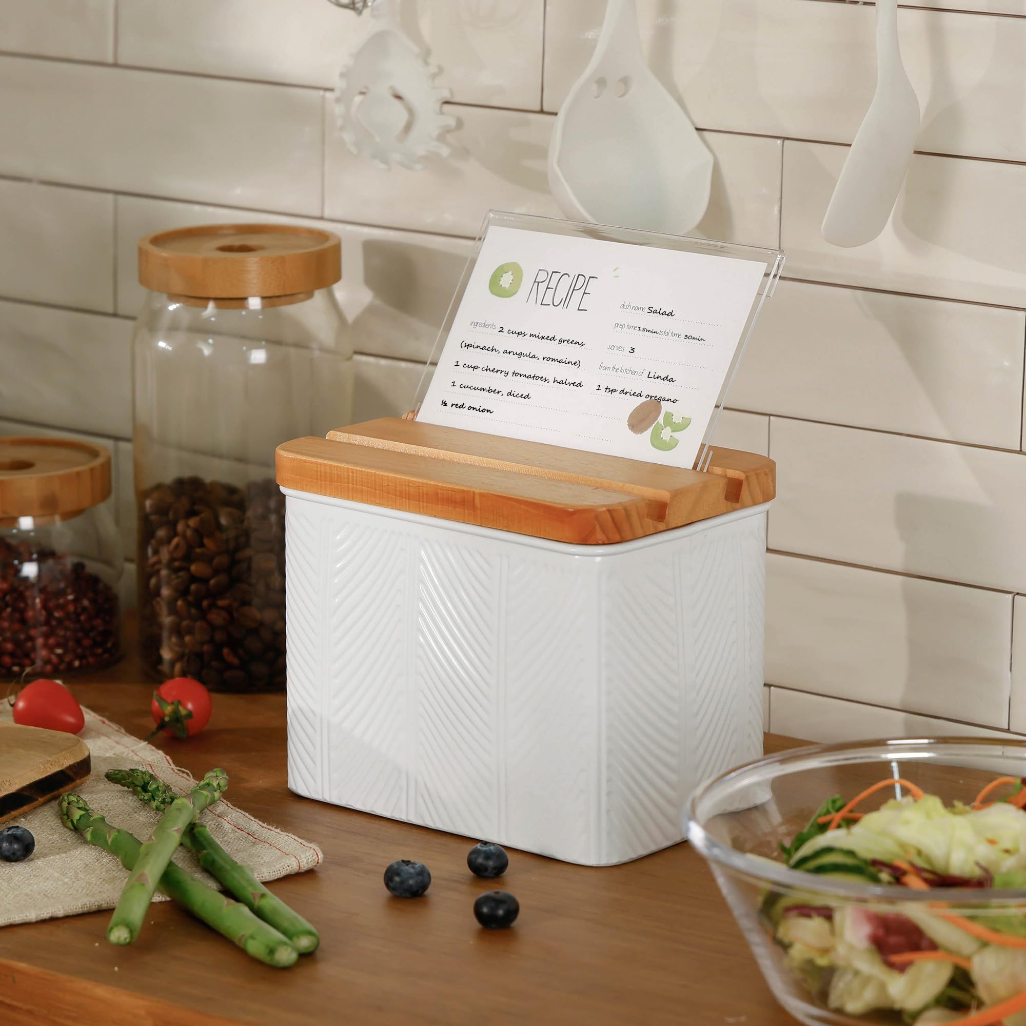 HOME PALETTE Recipe Box with Cards and Dividers Set 4x6 Recipe Holder for Kitchen Counter Metal White Diagonal Stripe Pattern Embossed Recipe Card Box with Wooden Grooved Lid