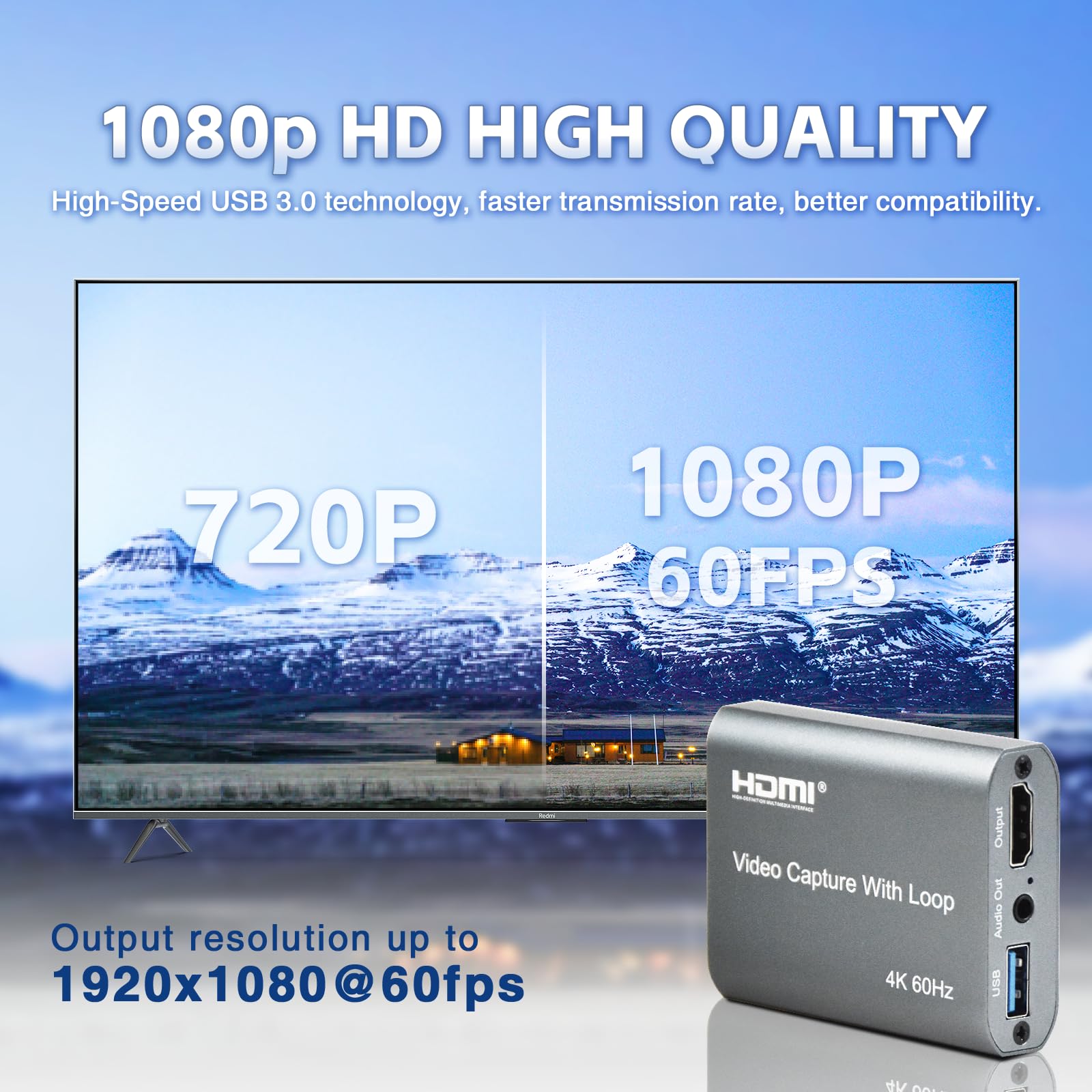 Scheda di acquisizione 4K, scheda di acquisizione video da HDMI a USB 3.0 con loopout per Nintendo Switch, 1080p 60fps con uscita audio per streaming, Xbox/PS4/PS5/PC, VLC/OBS/Amcap