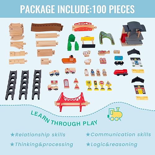Miniatura 2 de 100 piezas de juego de tren de madera para niños de 3 años, juego de tren de doble cara con pistas, puente, estación de tren y caja de