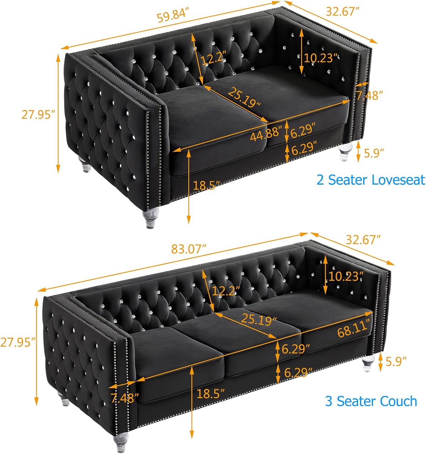 mikibama Velvet Loveseat with Buttons and Square Arms 59 Inch Tufted Sofa with Trimmed Nailhead and Metal Legs Loveseat Couch for Living Room, Bedroom (Black-Crystal Legs, Loveseat + Sofa)
