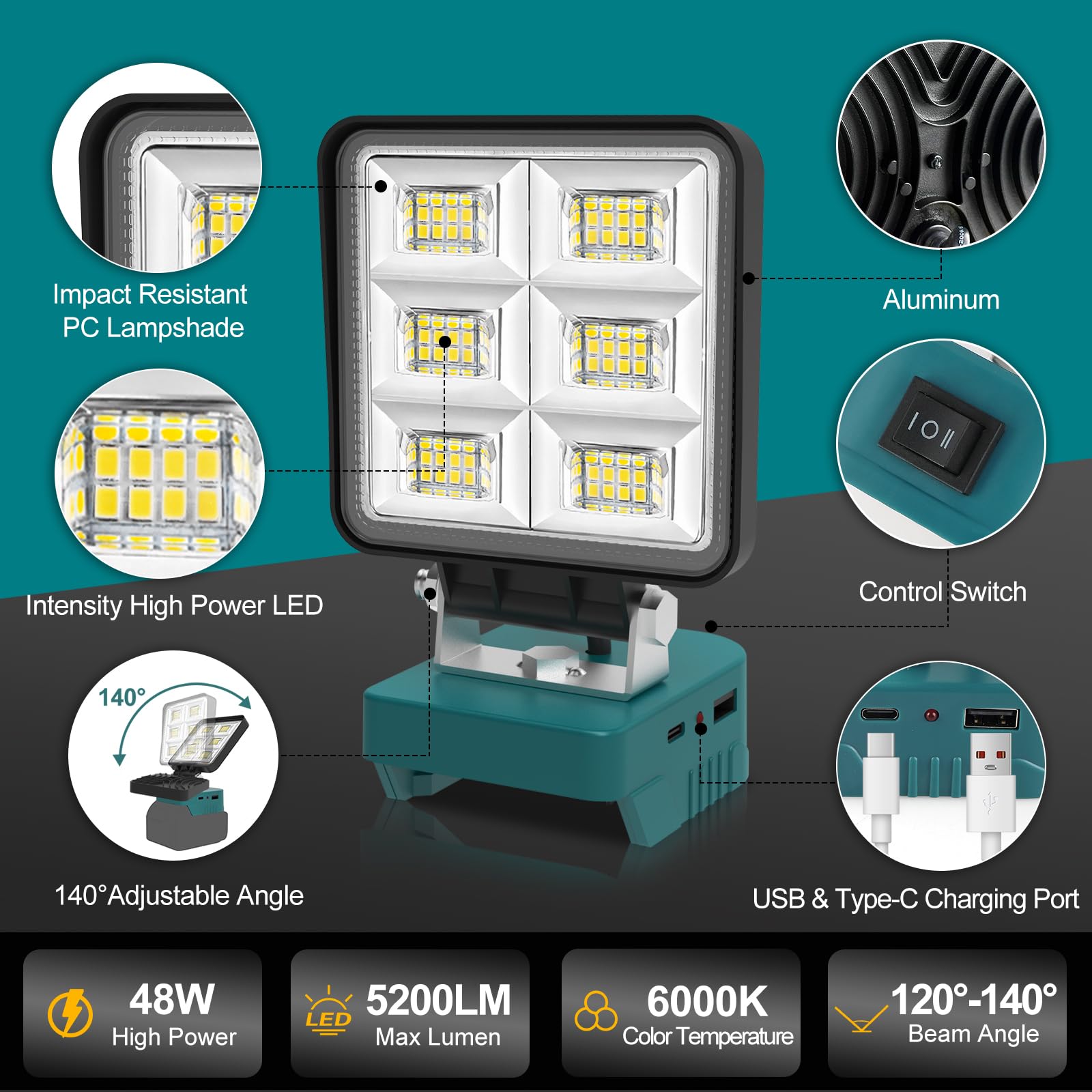 T-SUN Akku Lampe Kompatibel mit Makita 18V Akku, 48W 5200LM LED Arbeitsleuchte Tragbares Flutlichter Baustellen Lampe mit USB & Typ-C, 2 Modi Akku Scheinwerfer für Camping, Autoreparaturen(Ohne Akku)