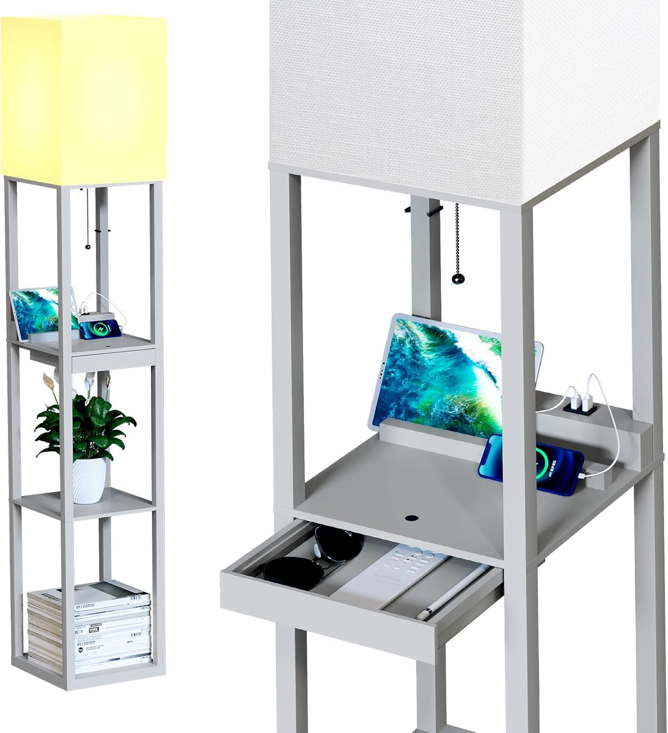 SUNMORY Floor Lamp with Shelves,Modern Dimmable Solid Wood Standing