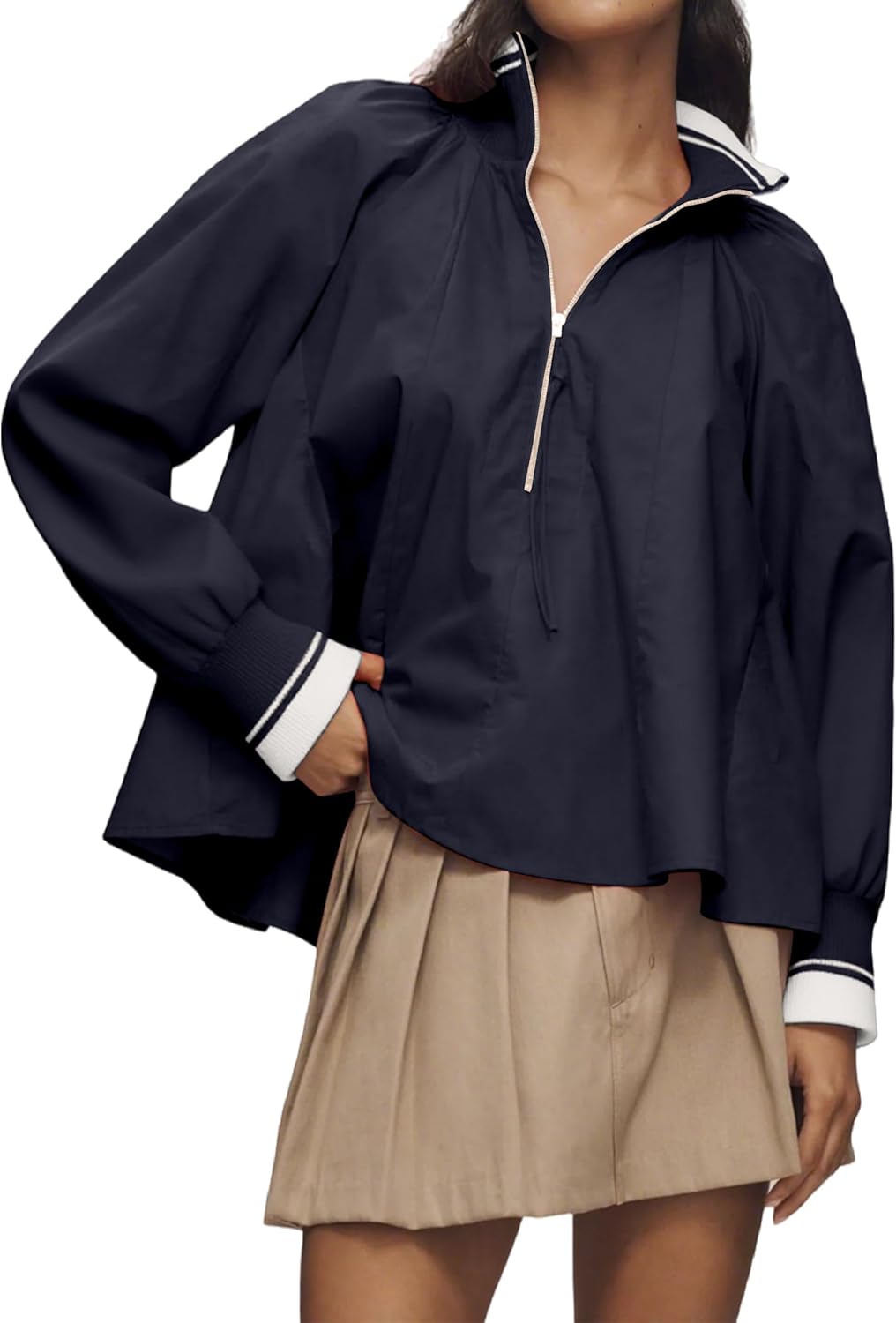 MISSACTIVER Women Half Zip Blouses Dressy Puff Long Sleeve Tunic Shirts Sporty Henley Swing Top Casual Loose Fit Tops