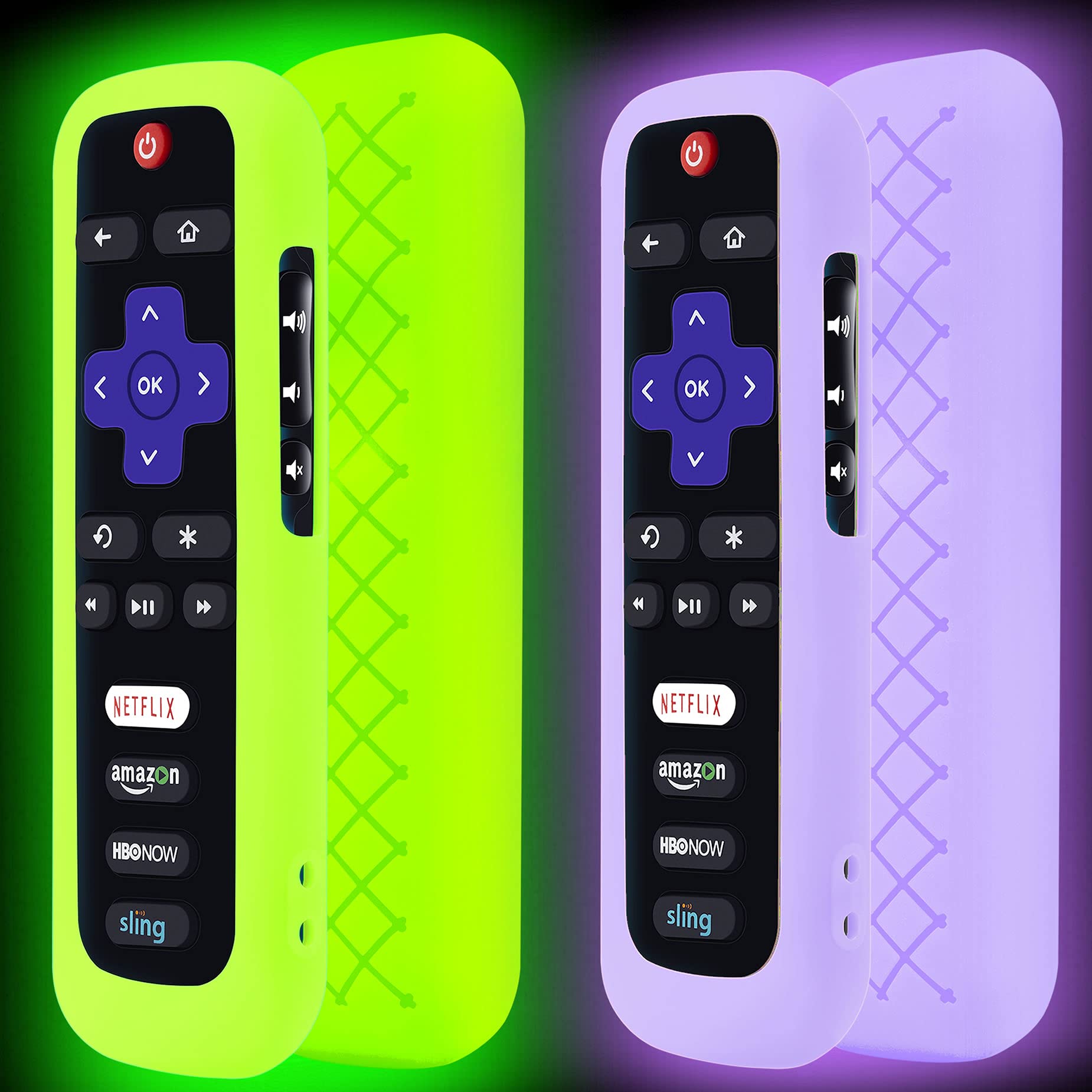 Roku - Funda para mando a distancia (2 unidades, funda de batería para TCL Roku Smart TV, mando a distancia, funda protectora de silicona, funda universal que brilla en la oscuridad, verde y morado