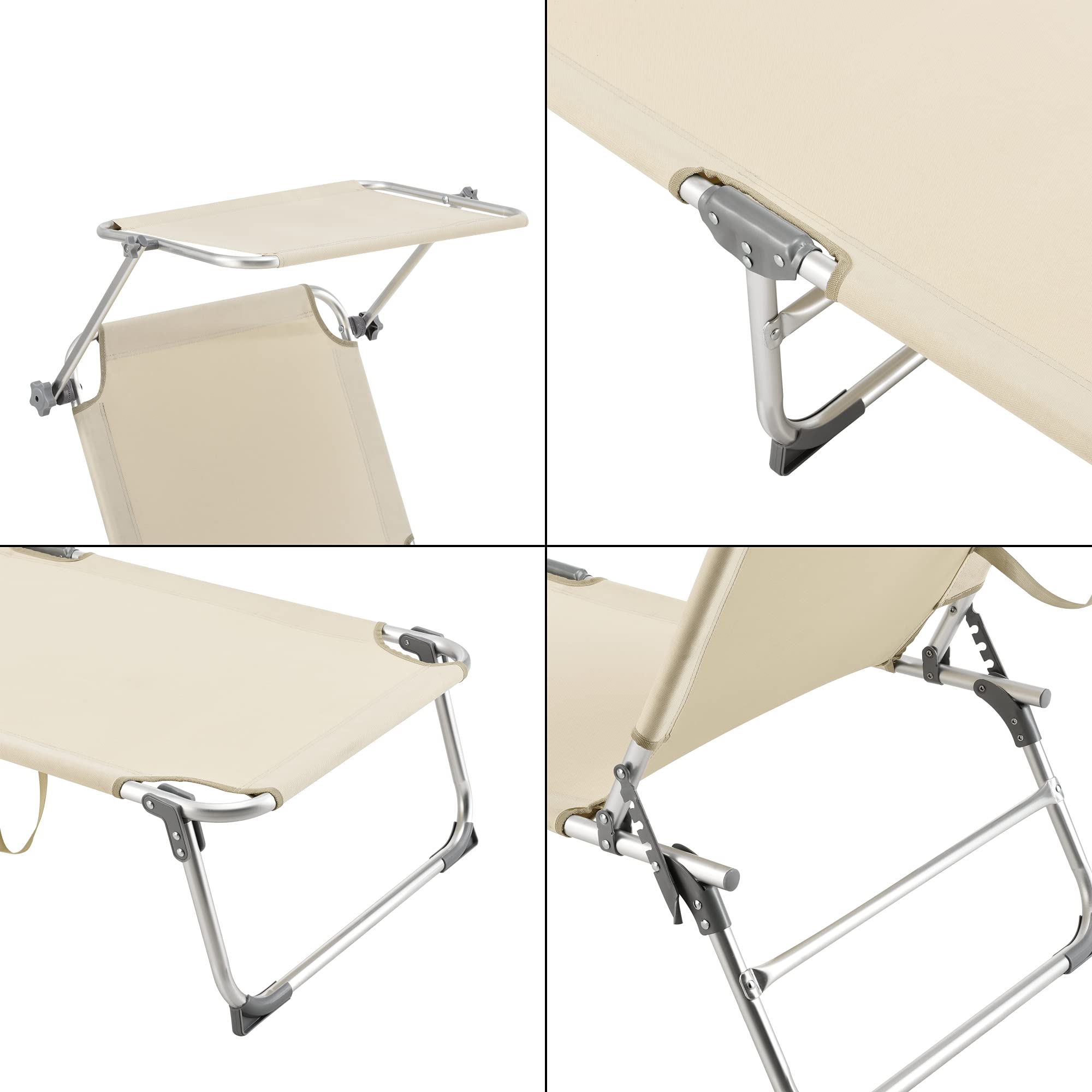 [en.casa] Lettino Prendisole Portatile con Tettuccio Parasole Regolabile Schienale Reclinabile in 4 Posizioni Sdraio Pieghevole con Tracolla Carico Max.115 kg - Beige