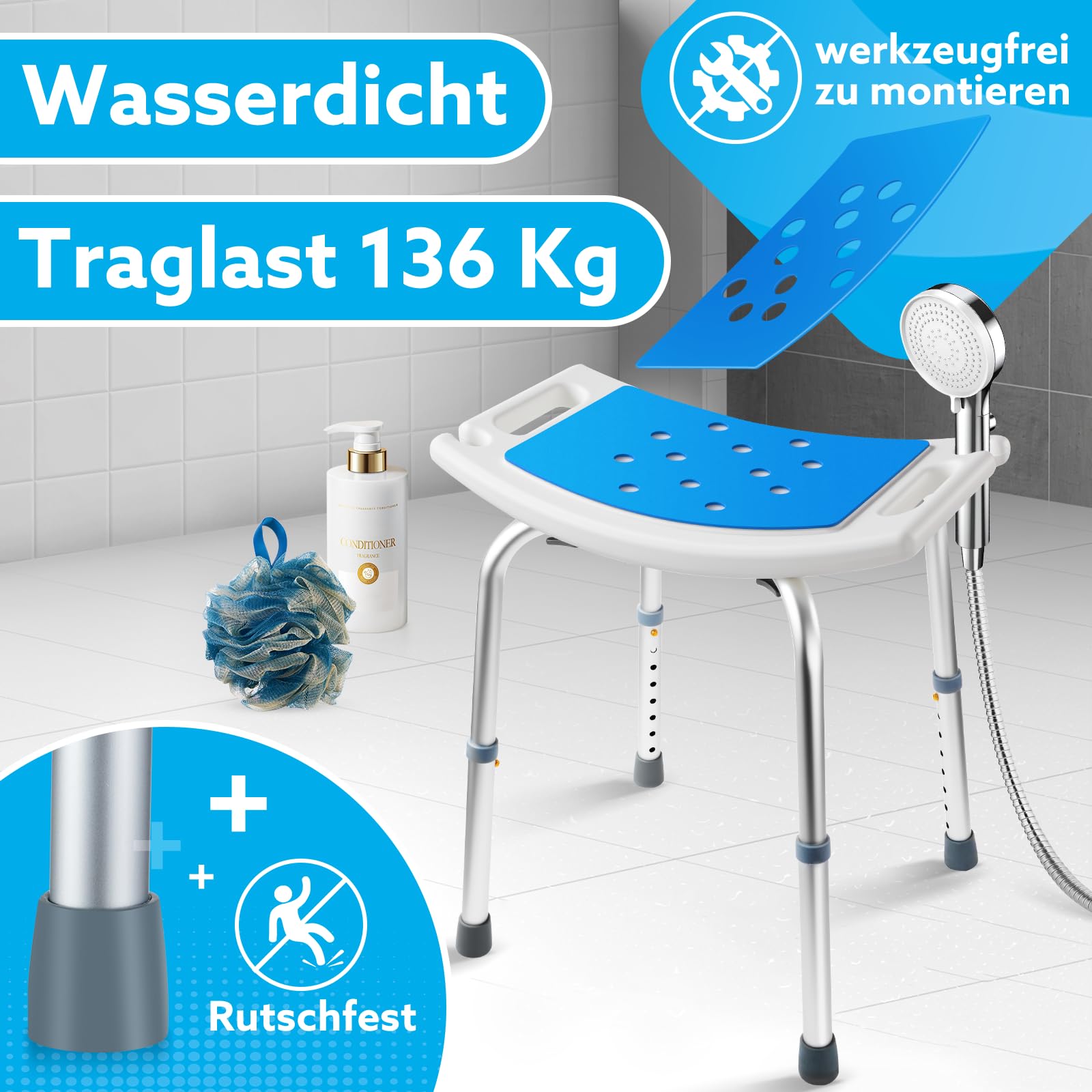 Duschhocker Höhenverstellbar 37-57cm, Duschstuhl 8 Stufen, Duschhocker für Senioren Belastbar bis 136kg, Badhocker mit Rutschfesten Gummifüßen für ältere Menschen, Blau