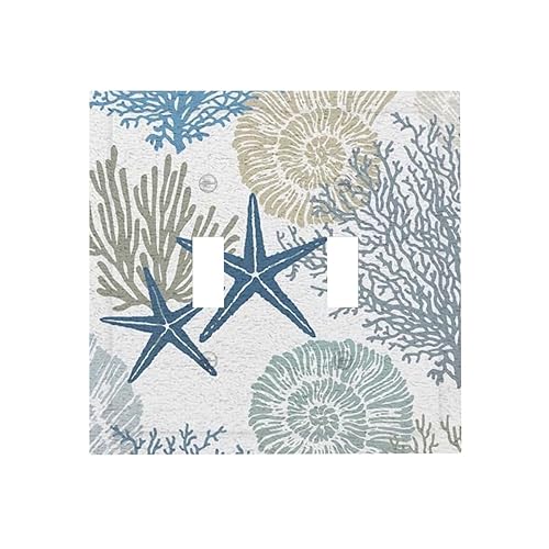 Nautical Anchor Teal Blue Beach Sea Ocean Starfish Coral Seashell Conch Underwater 2 Gang Electrical Double Toggle Outlet Light Switch Wall Plate Decorative Receptacle Face Switchplate Cover Mid Size