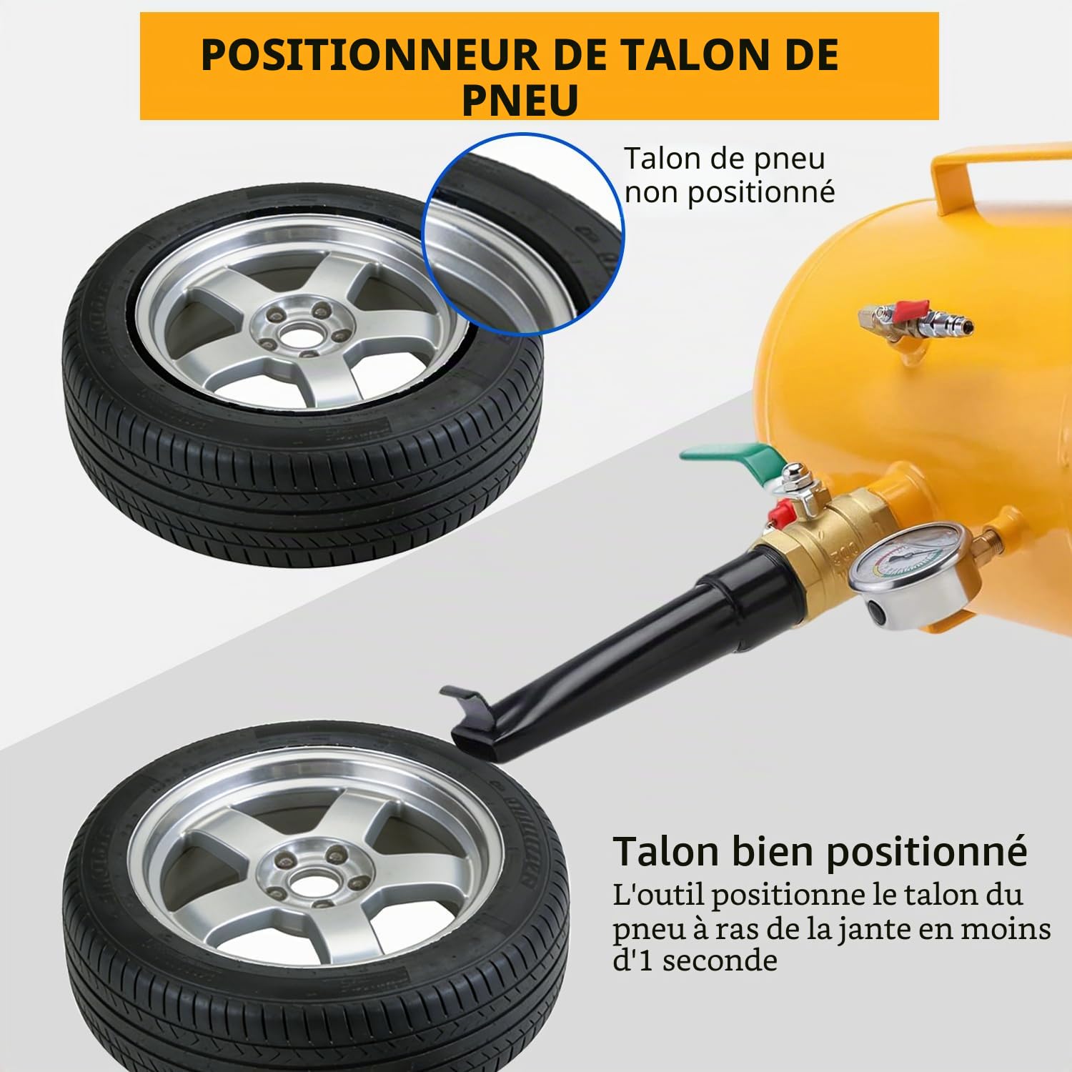 FreeTec Gonfleur Booster Pneu, 20L 5 Gallon Bonbonne Air Pneus, 6-8 Bar Gonfleur Jante Style Canon à Air et Bazooka avec Manomètre & Soupape de Sécurité pour Pneus 12R (24.5") Camion Tracteur, Jaune