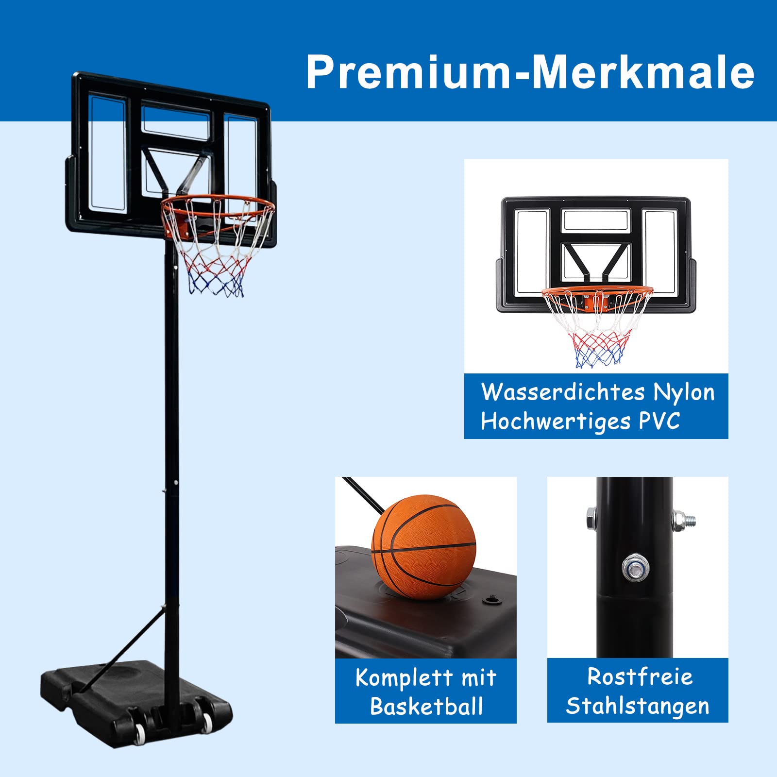 HENGMEI 3.05m Canestro da esterno, Attrezzatura da Basket per Parco Giochi Interno, Canestro da Basket Regolabile in Altezza con Ruote di Supporto per Bambini e Adulti, Nero