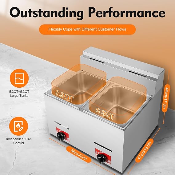 Commercial Gas Deep Fryer with Basket Countertop Stainless Steel Dual Tank Frying Maker Large Capacity Propane Cooking Fryer (2x6L)