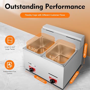 Commercial Gas Deep Fryer with Basket Countertop Stainless Steel Dual Tank Frying Maker Large Capacity Propane Cooking Fryer (2x6L)