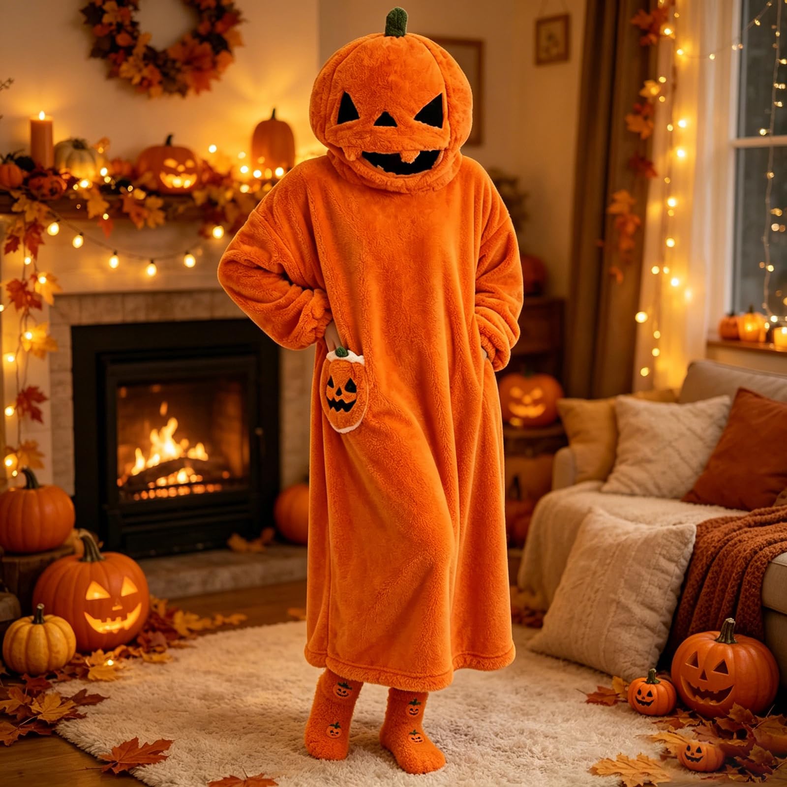 Generisch Damen Nachtkleid mit Kapuze Pumpkin Langarm Knielang Locker Geschnitten Hauskleid Schlafkleid aus weichem Fleecestoff