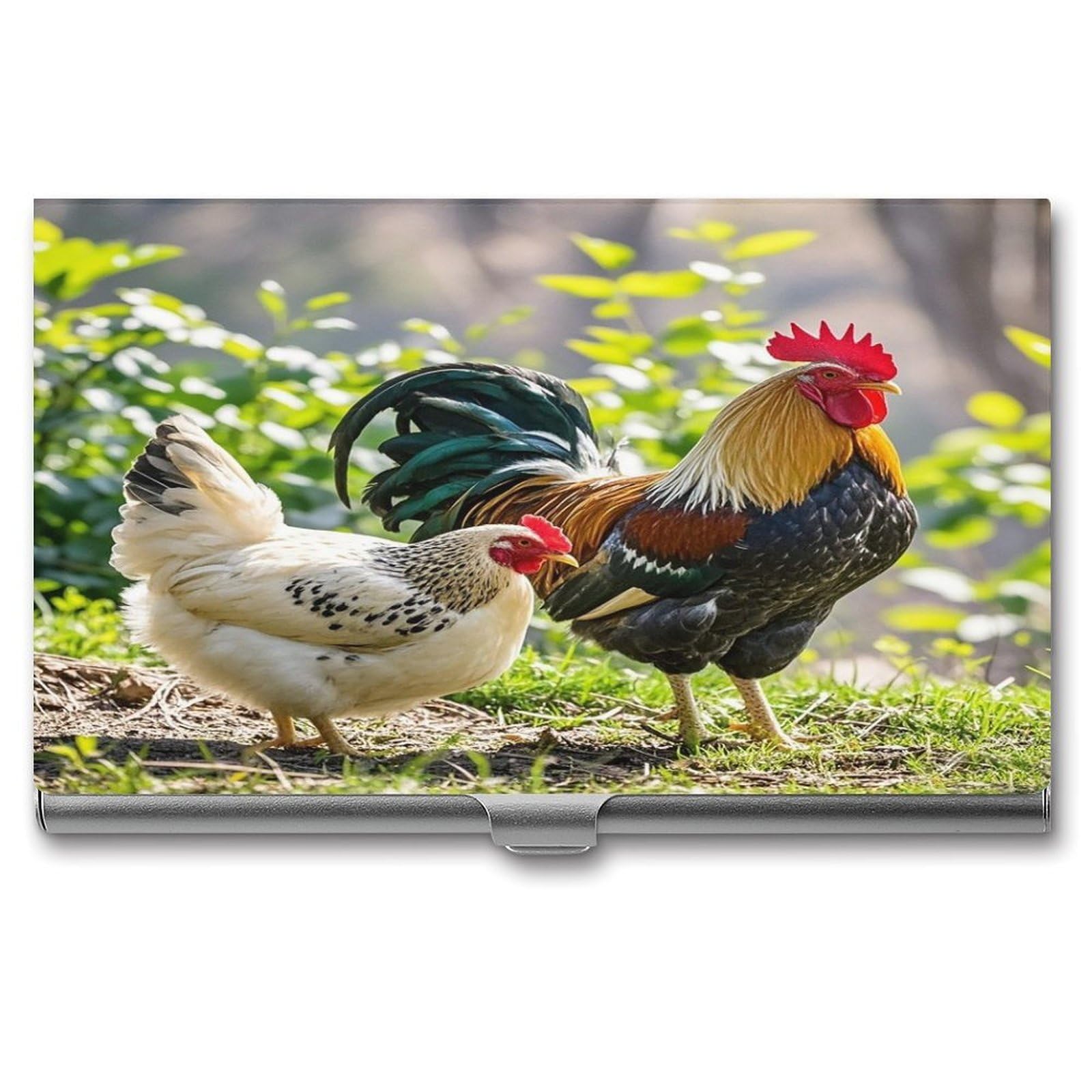 LZQPOEAS Rooster And Hen Business Card Holder Aluminum Alloy Flip Cover Slim Name Cards Case Lightweight Business Name Card Holder Case Portable Purse Name Cards Holder