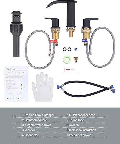 Miniatura 8 de WOWOW Grifo de baño en cascada de 3 agujeros de 8 pulgadas, grifo de lavabo de baño de dos asas, grifos de lavabo con mangueras de drenaje y