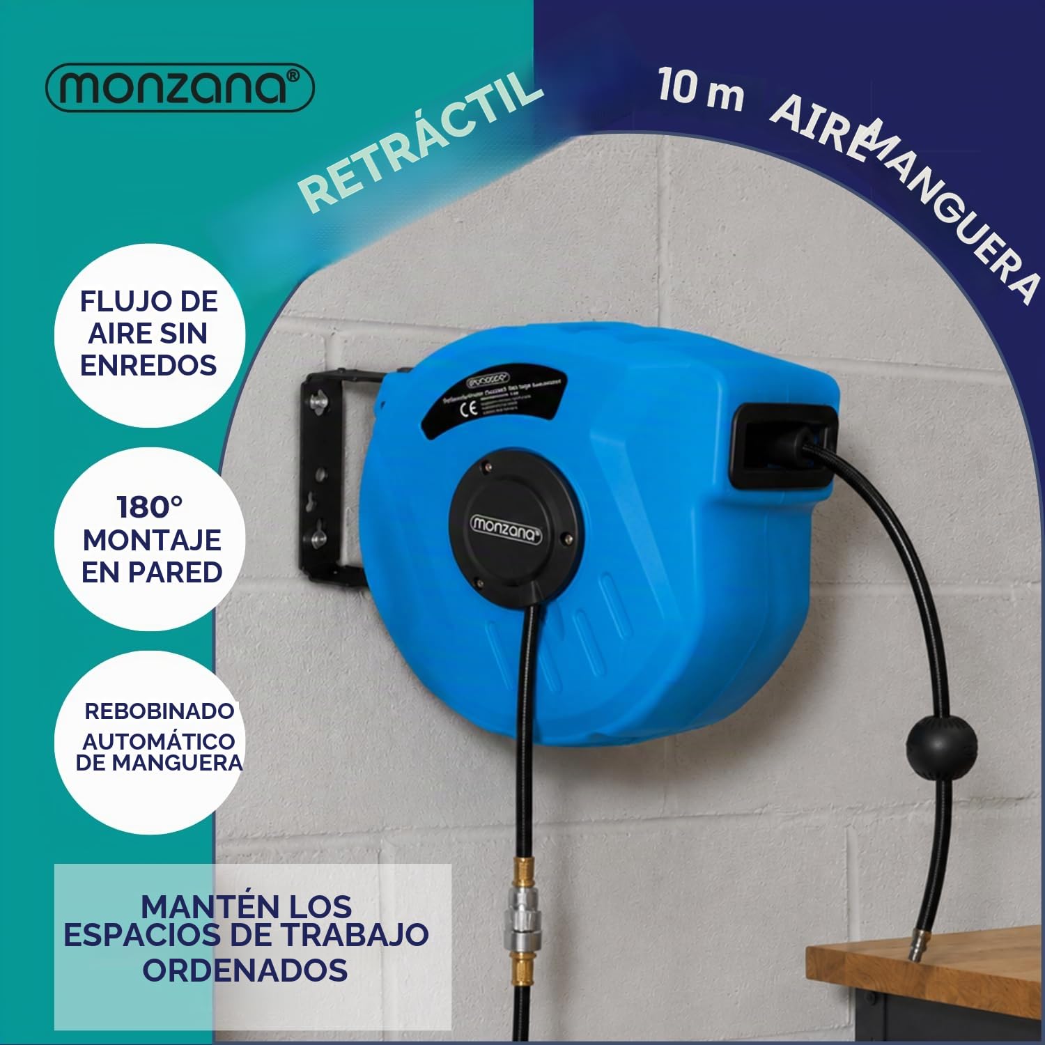 Monzana Carrete de Manguera Automático de 10m Soporte de Pared Aire Comprimido Conexión 1/4' Portamanguera
