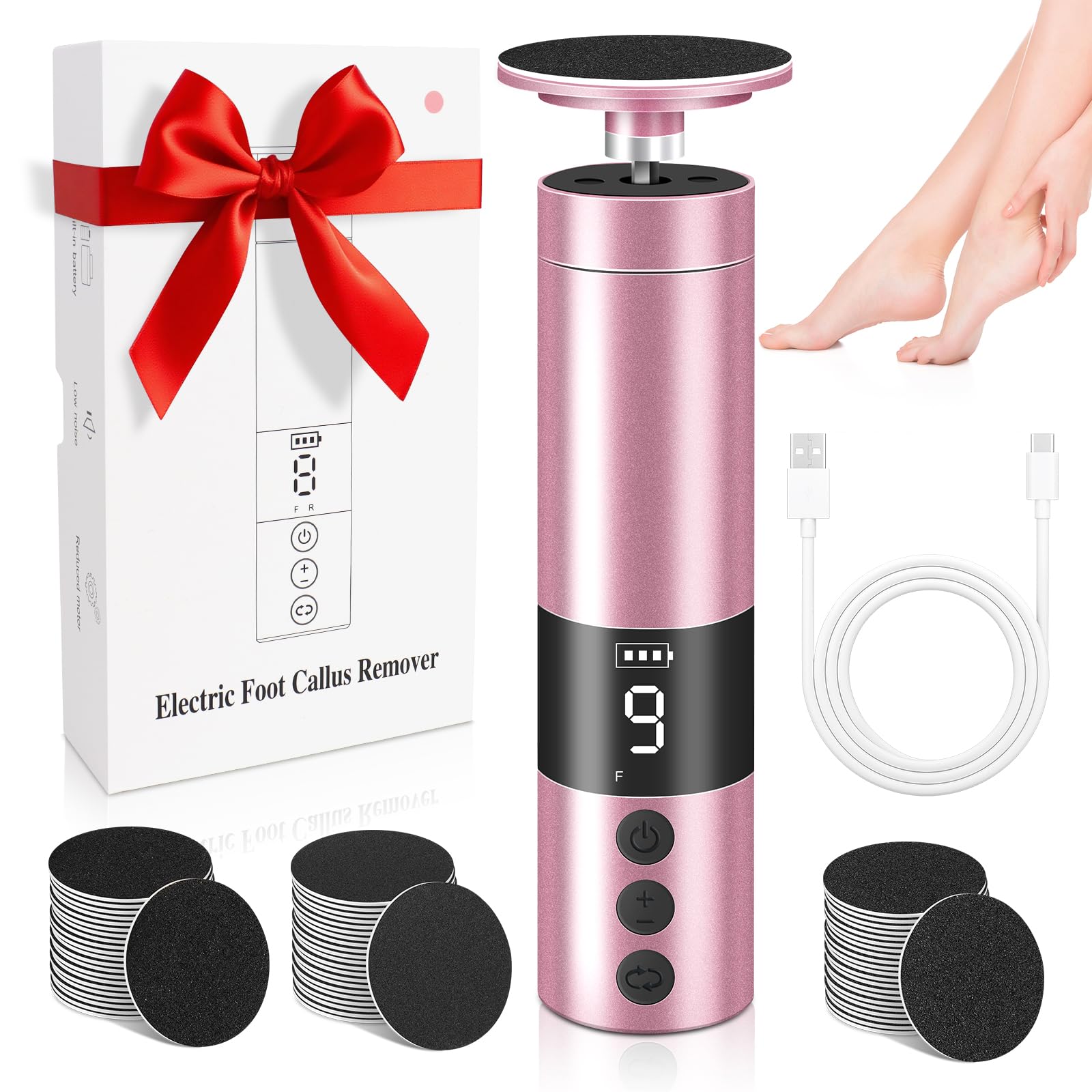 Lima Eléctrica para Pies Recargable 9 Velocidades - Kit de Pedicura Profesional con Piedras de Pulir Reemplazables para Talones Agrietados, Eliminar Callos, Durezas y Piel Muerta (Rosa)