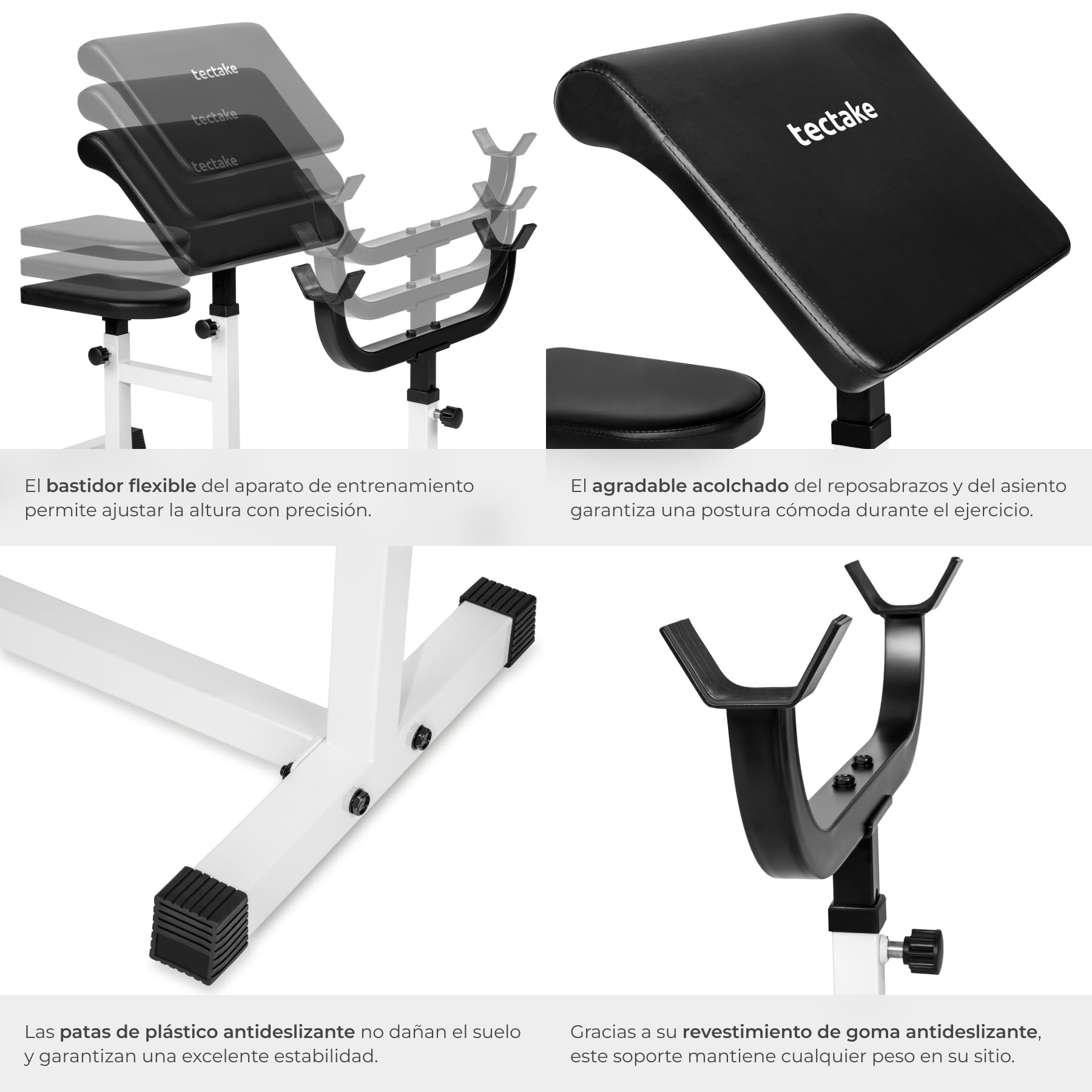 tectake® Banco Musculación, Banco de Pesas para Barra Gimnasio, Estructura de Acero Resistente, Asiento y Apoyabrazos Ajustables - Carga Máxima: 150 Kg