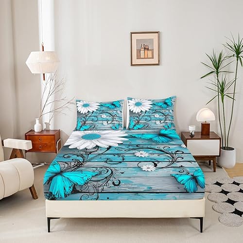 Miniatura 5 de Juego de sábanas de mariposa tamaño matrimonial, juego de sábanas rústicas florales con mariposas azules, blancas y elegantes, sábanas retro vintage