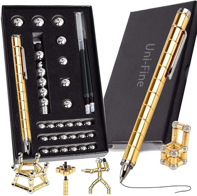 Uni-Fine Fidget Magnetic Pen Gold, 30 Metal Balls Decompression Magnetic Pen, JIKI Pen Creative Gift Funny Fidget Pen Office Suitable for Anxiety & Stress Reducing