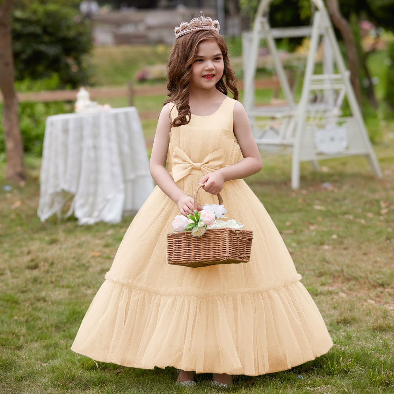 Vestito da sposa da ragazza, con fiocco, in rete di tulle, da principessa, per feste, carnevale, festival, eventi, performance eventi, abbigliamento per bambini