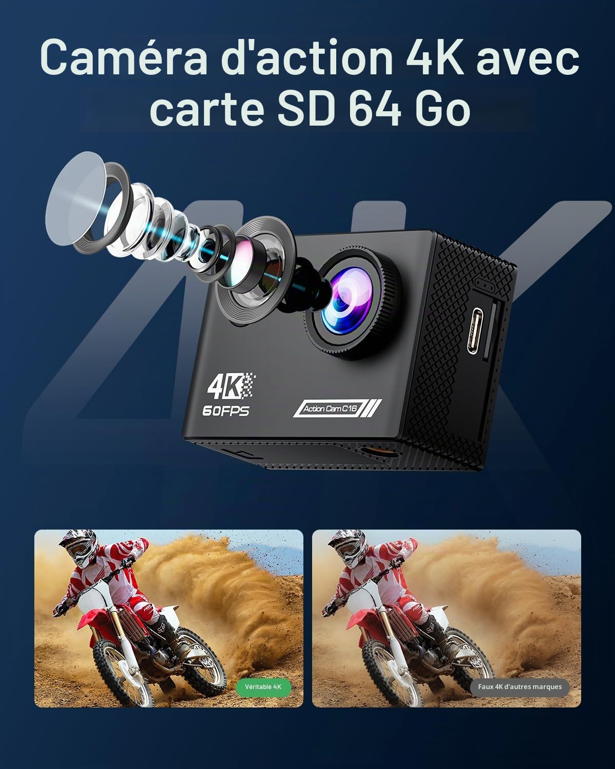 Sport Caméra 4K 60FPS, HD 48 MP Caméscope WiFi, Caméra Étanche 40m avec Microphone, Télécommande, EIS Anti-Vibration, 2 Batteries, Divers Accessoires