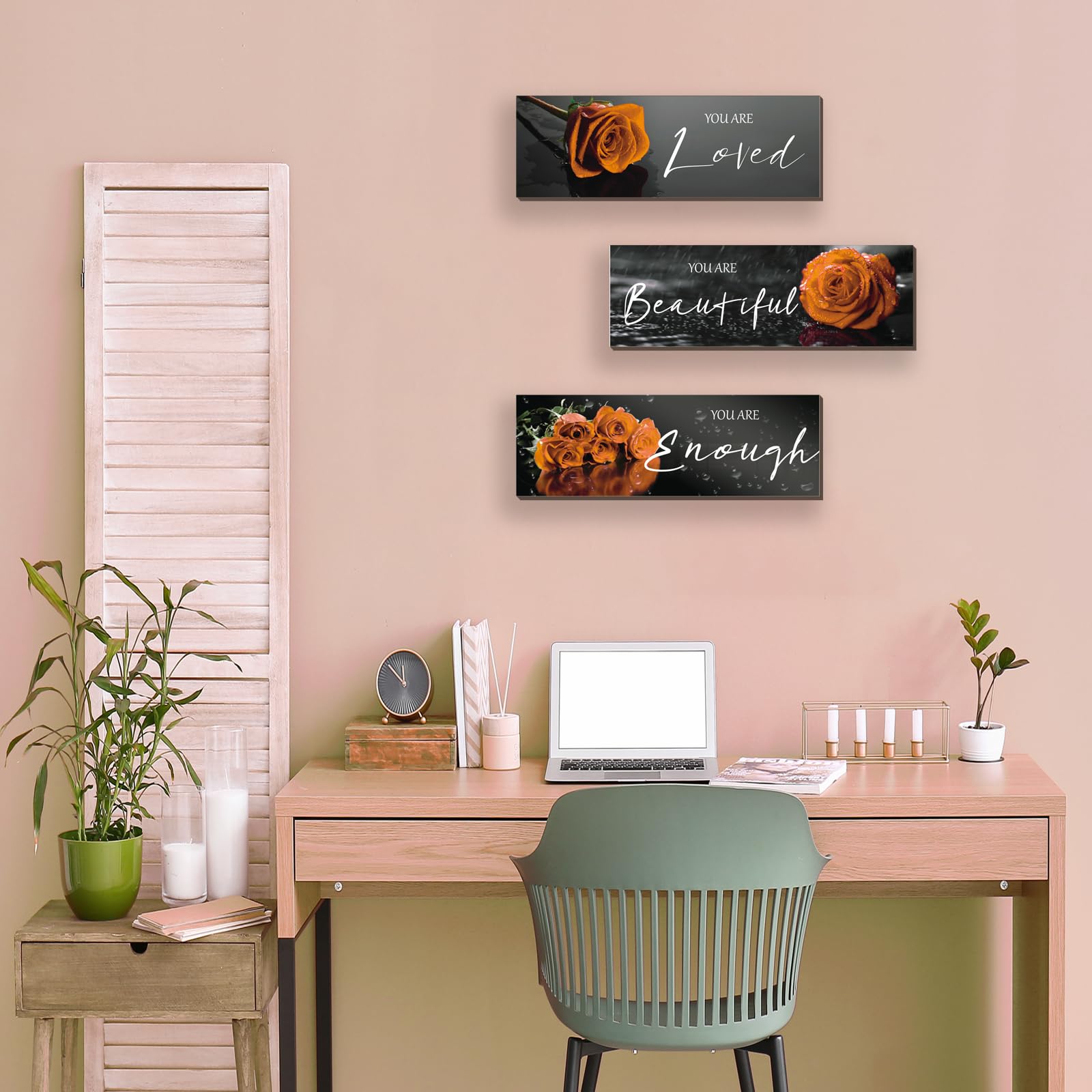 3 piezas de decoración de pared naranja inspiradoras rosas naranjas decoración de baño, arte de pared de madera, citas positivas You Are Loved You Are Enough para niñas y mujeres oficina 2