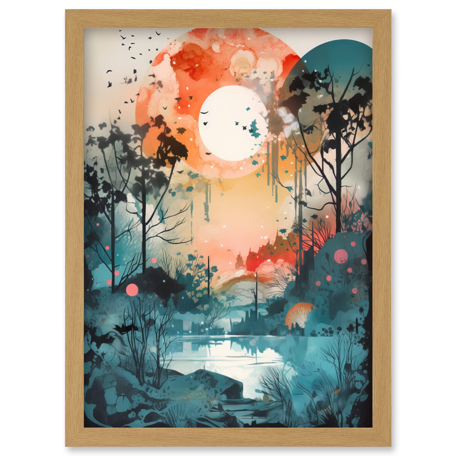 Artery8 Lakeside Forest Landscape Peaceful Sunrise Morning Modern Watercolour Painting Artwork Framed Wall Art Print A4