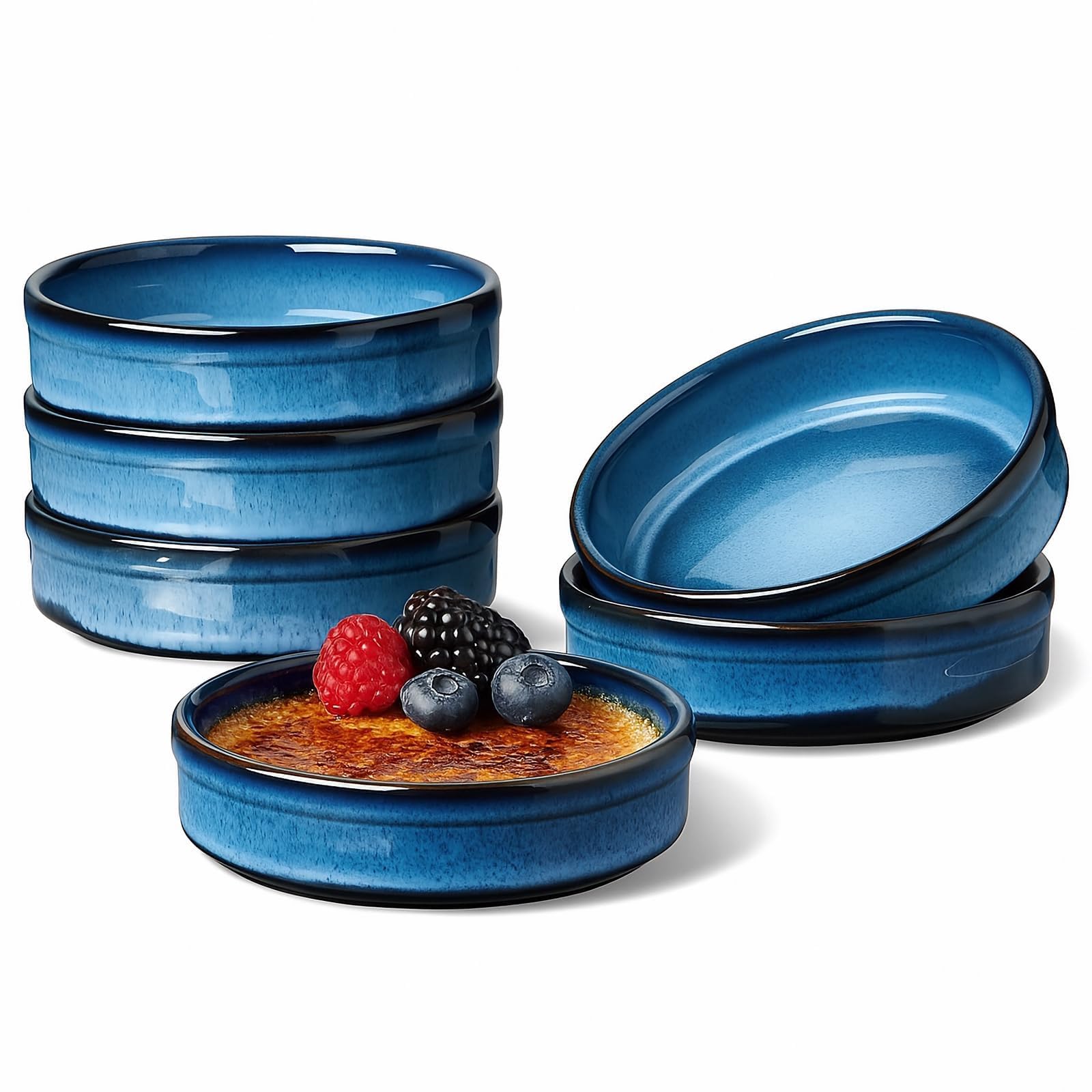 ONEMORE Ramekins Set of 6, 118ML Porcelain Creme Brulee Dishes, Oven Safe Ramekins for Custard, Pudding & Dips, Blue