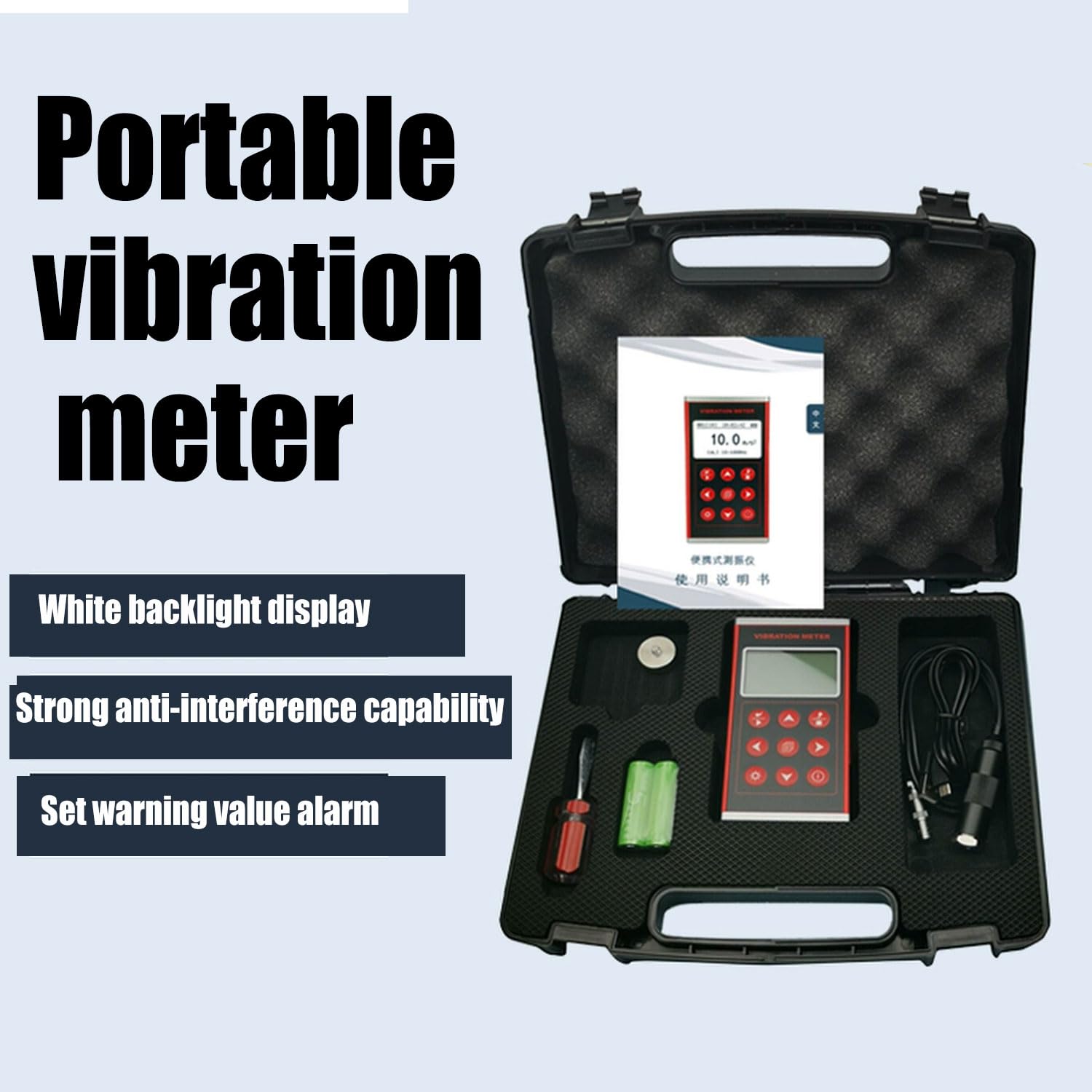 JOSBY Analizador de Vibraciones Digital portátil con Pantalla LCD, Rango de medición de 0,1 a 199,9 m/s², Velocidad de 180 a 60 000 RPM, sonda Sensible para detección de Fallos mecánicos