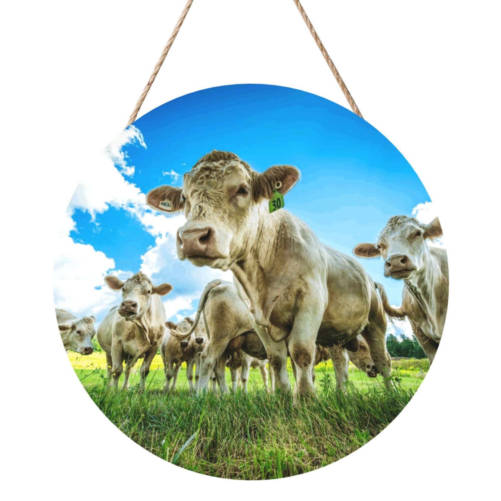 InOmak Cow On The Grassland, Round Wood Panel Painting 12 in, Wall Hanging Painting For Home