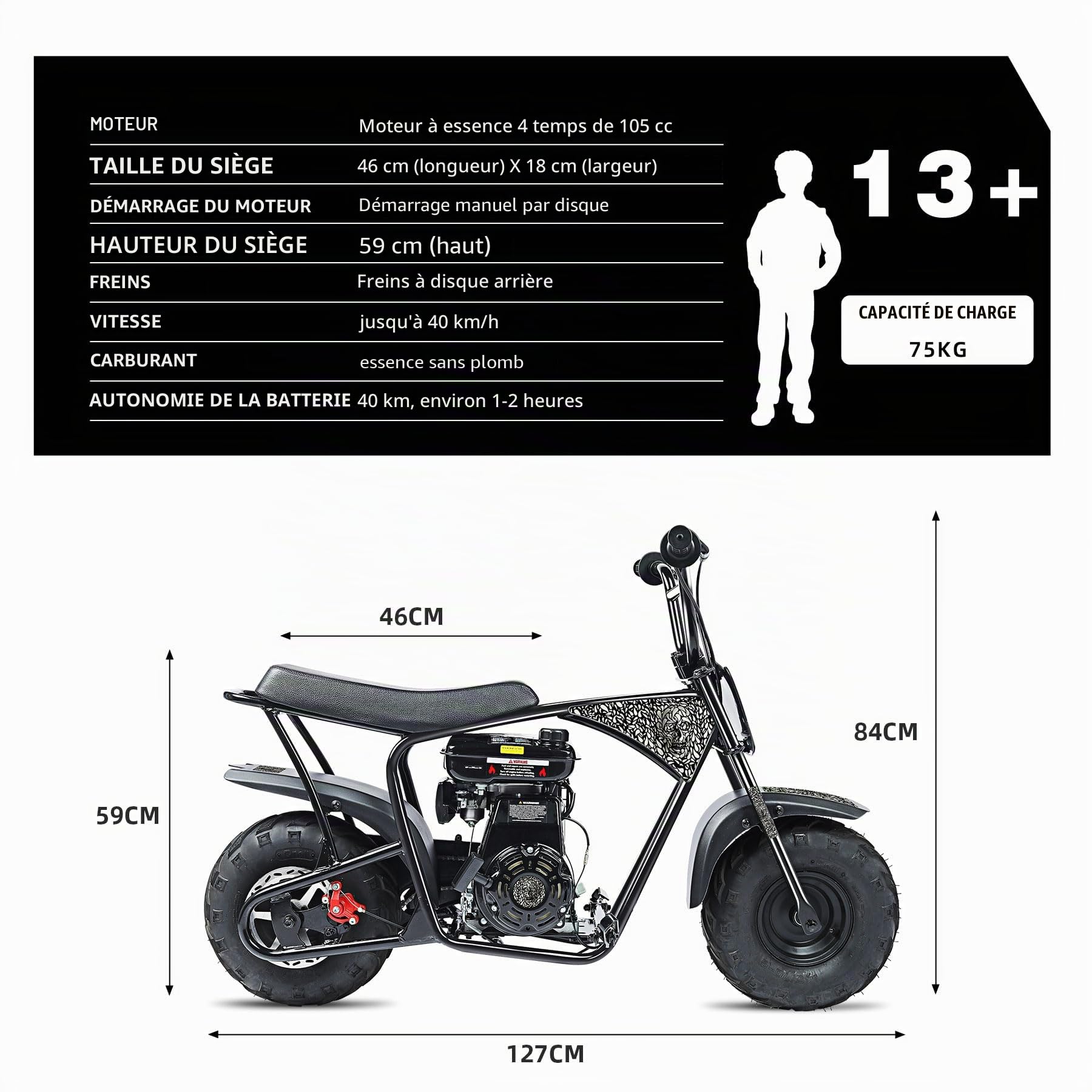 ORYXEARTH 105CC Mini Moto 4 Temps Pocket Bike Dirt Bike, Moto Cross Enfant, Benzin Haute Performance, Pneus Larges Tout-Terrain, Motocross, Autocollants DIY à Partir de 13 Ans (Crâne)
