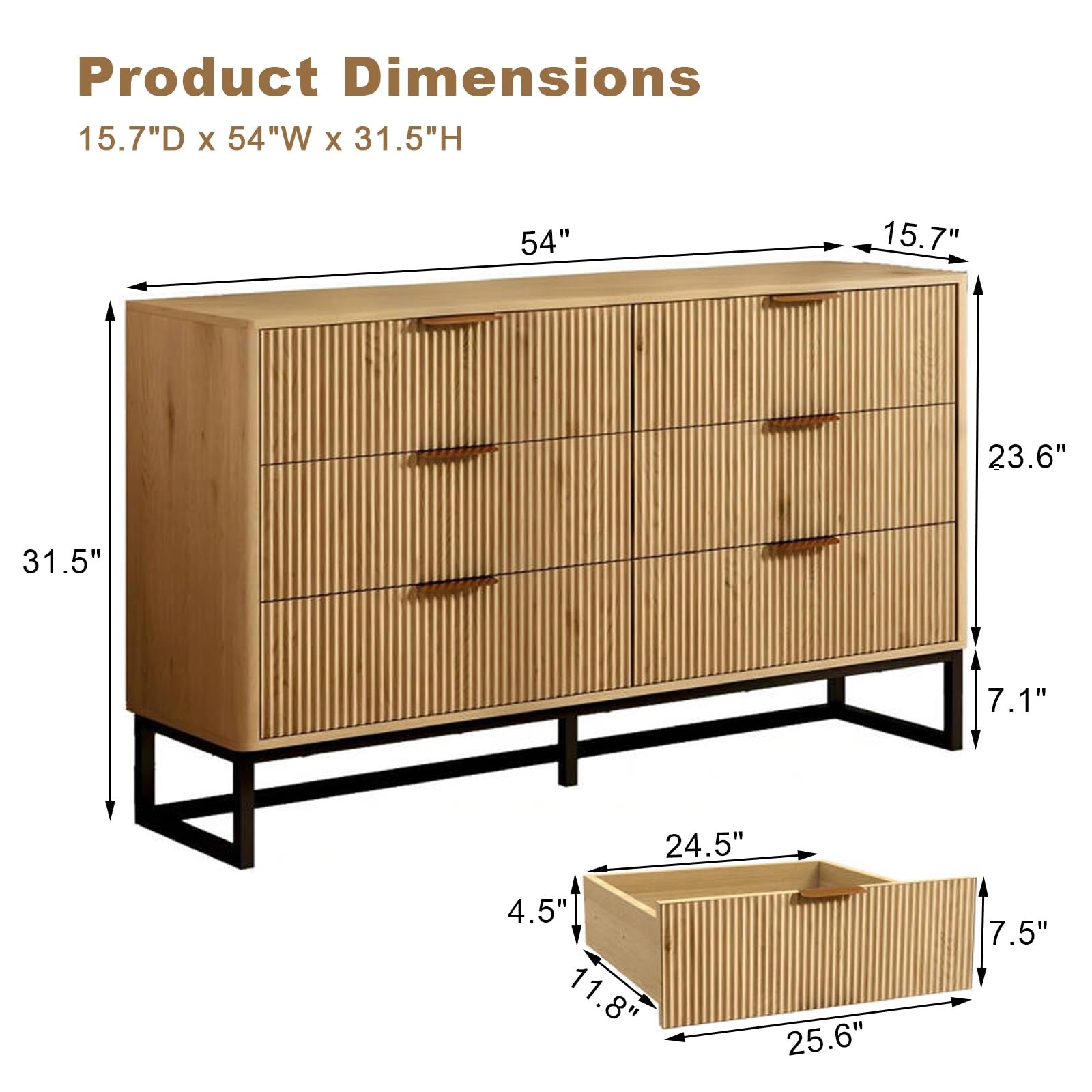 Kommode mit 6 Schubladen, Moderner Kommodenschrank Sideboard mit Metallfuß, Beistellschrank für Schlafzimmer, Wohnzimmer, Flur, 137x40x80cm,Natural