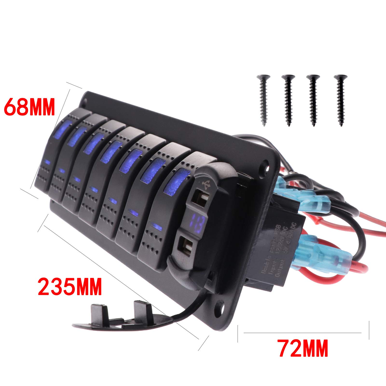 KAOLALI 5/7 Gang Rocker Interruttore Pannello Kit 12 V/24 V Interruttore di Circuito LED Blu Impermeabile Marine Rocker Interruttore Pannello Dual USB Charger Port