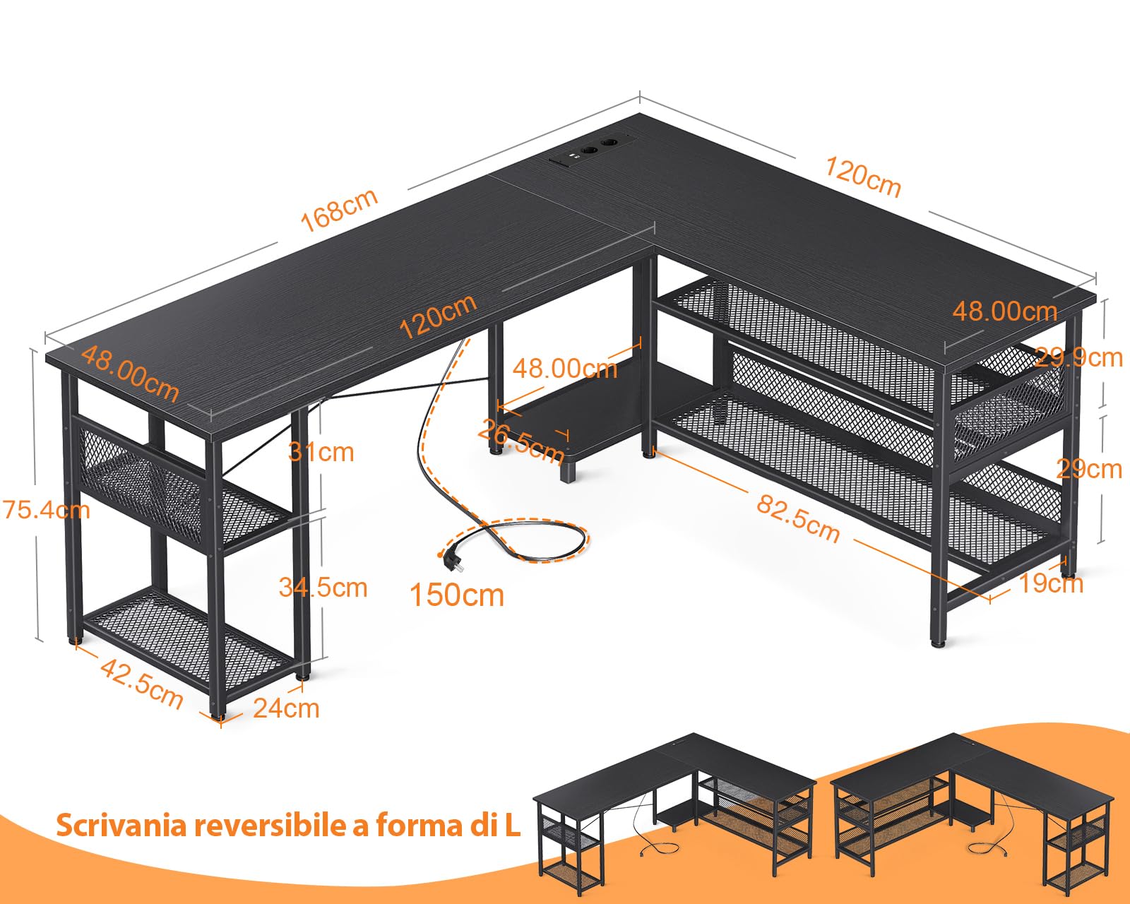 ODK Scrivania Gaming ad L con Design Reversibile, Scrivania con Ampio Spazio di Archiviazione, Scrivania ad Angolo con 2 Prese e 2 Porte USB, Nero, 168×120cm