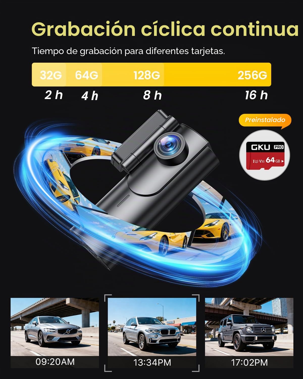 GKU Dashcam Cámara Coche 4K+1080P, 5GHz WiFi Dash CAM Coche con Tarjeta SD de 64GB,Camara Coche Grabadora,170° Gran Angular,Visión Nocturn,WDR,Sensor G,Monitor de Aparcamiento