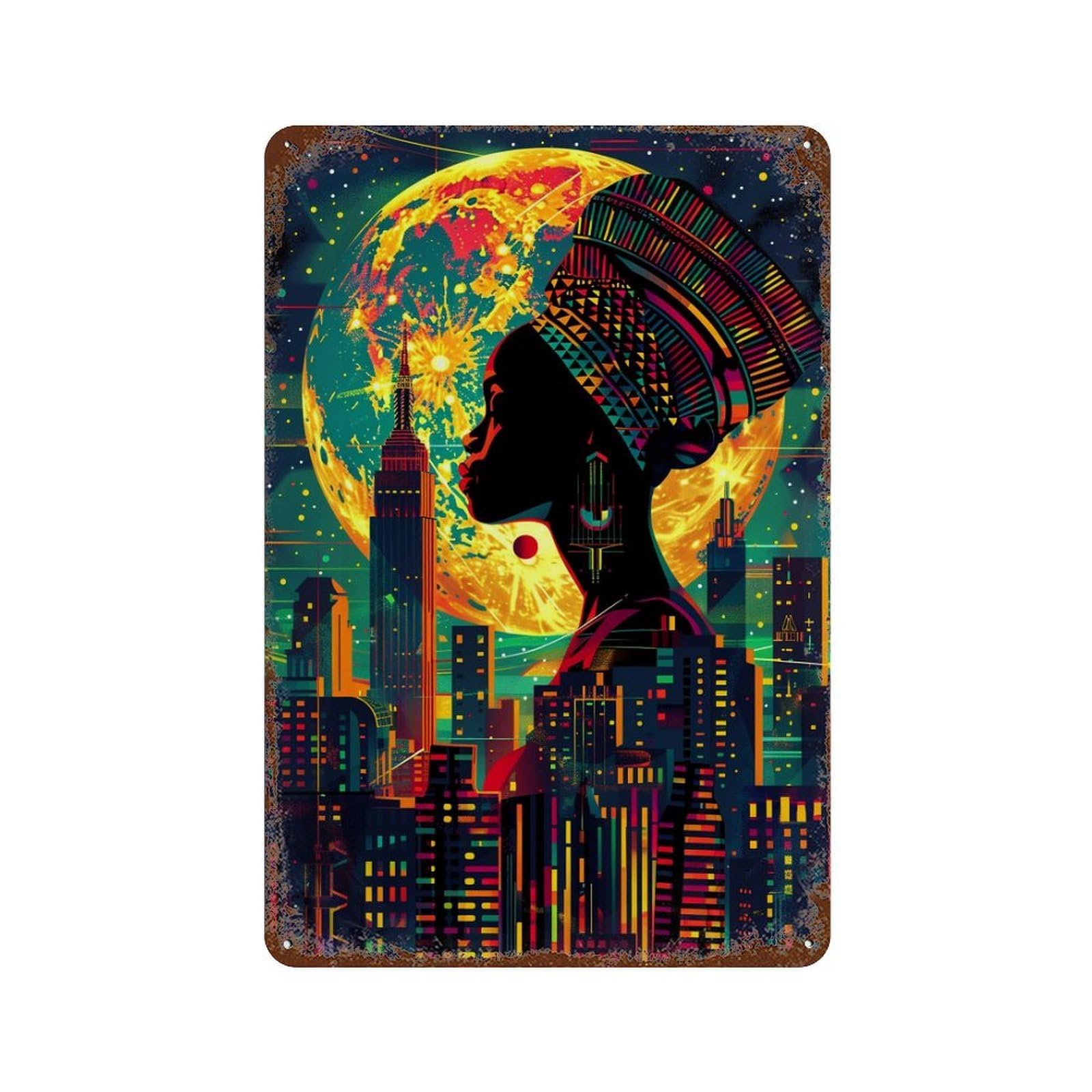 Urban Fantasy Cityscape Distressed Metal Wall Sign 11.8"x7.9", for Garage, Bar And Workshop Decor, Decorative Metal Wall Art