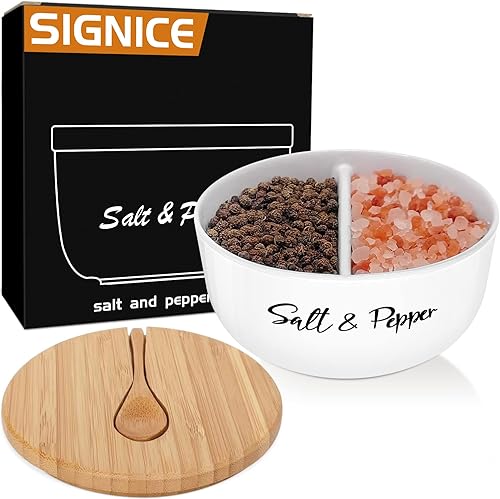 Miniatura 8 de Cuencos de cerámica para sal y pimienta, bodega de sal con tapa y cuchara de bambú, soporte para caja de sal de granja con dos compartimentos
