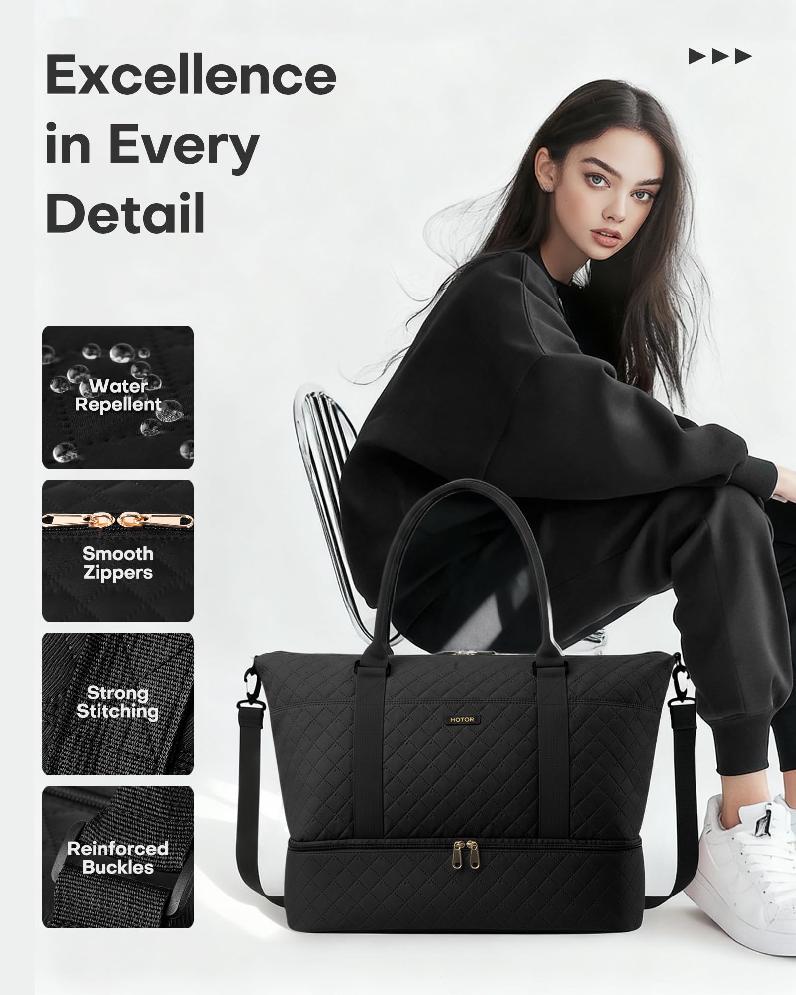 HOTOR Travel Duffel Bag - Weekender Bags for Women, Carry On Overnight Bag with Shoe Compartment, with Toiletry Bag for Travel Essentials and Travel Accessories, Black, 13.4"×17.3"×7.9"