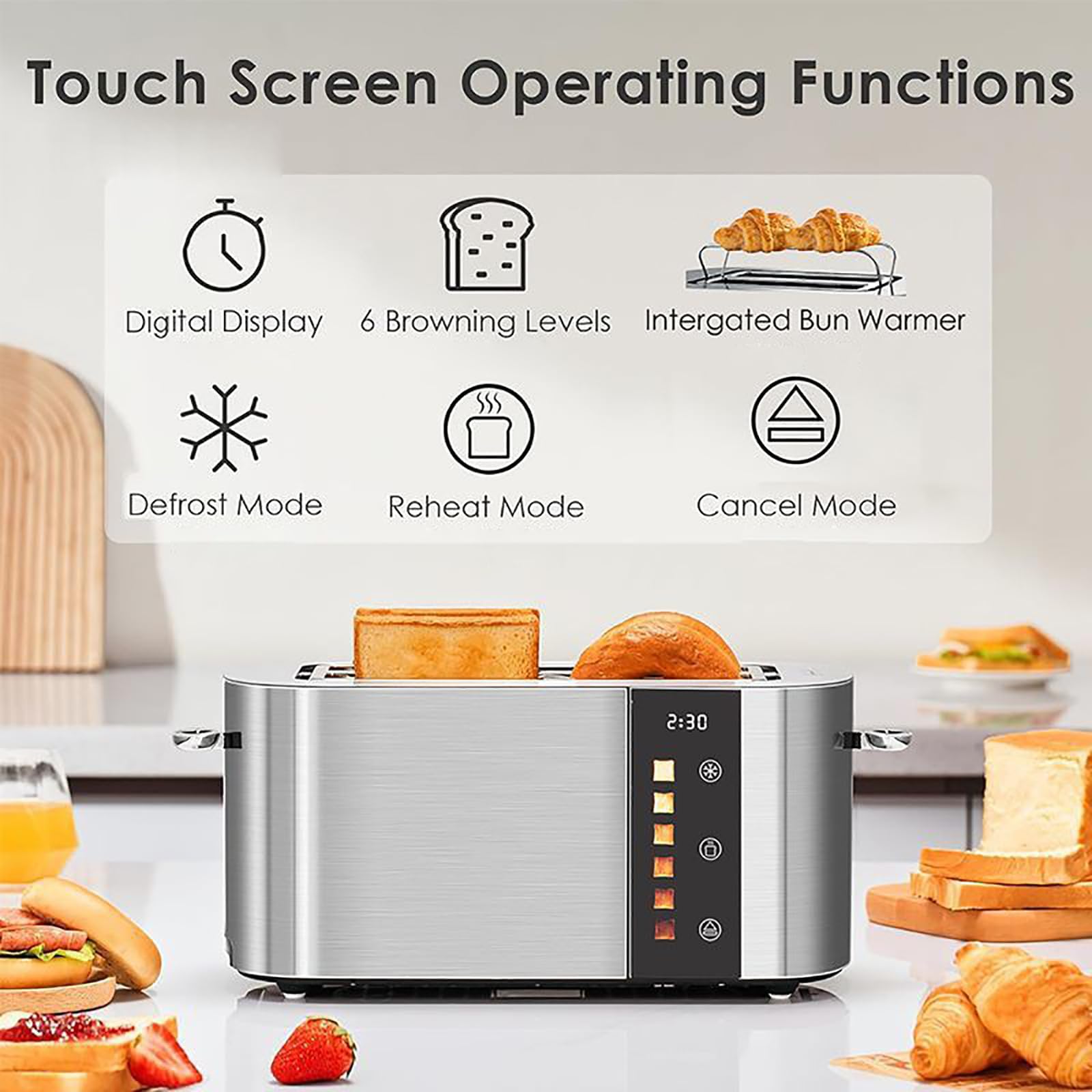 Forno tostapane in acciaio inox da 800 W con touch screen e display digitale, 2/4 fessure per fette, 6 livelli di doratura e griglia integrata per asciugatura di waffle, pasticcini ( long slot)