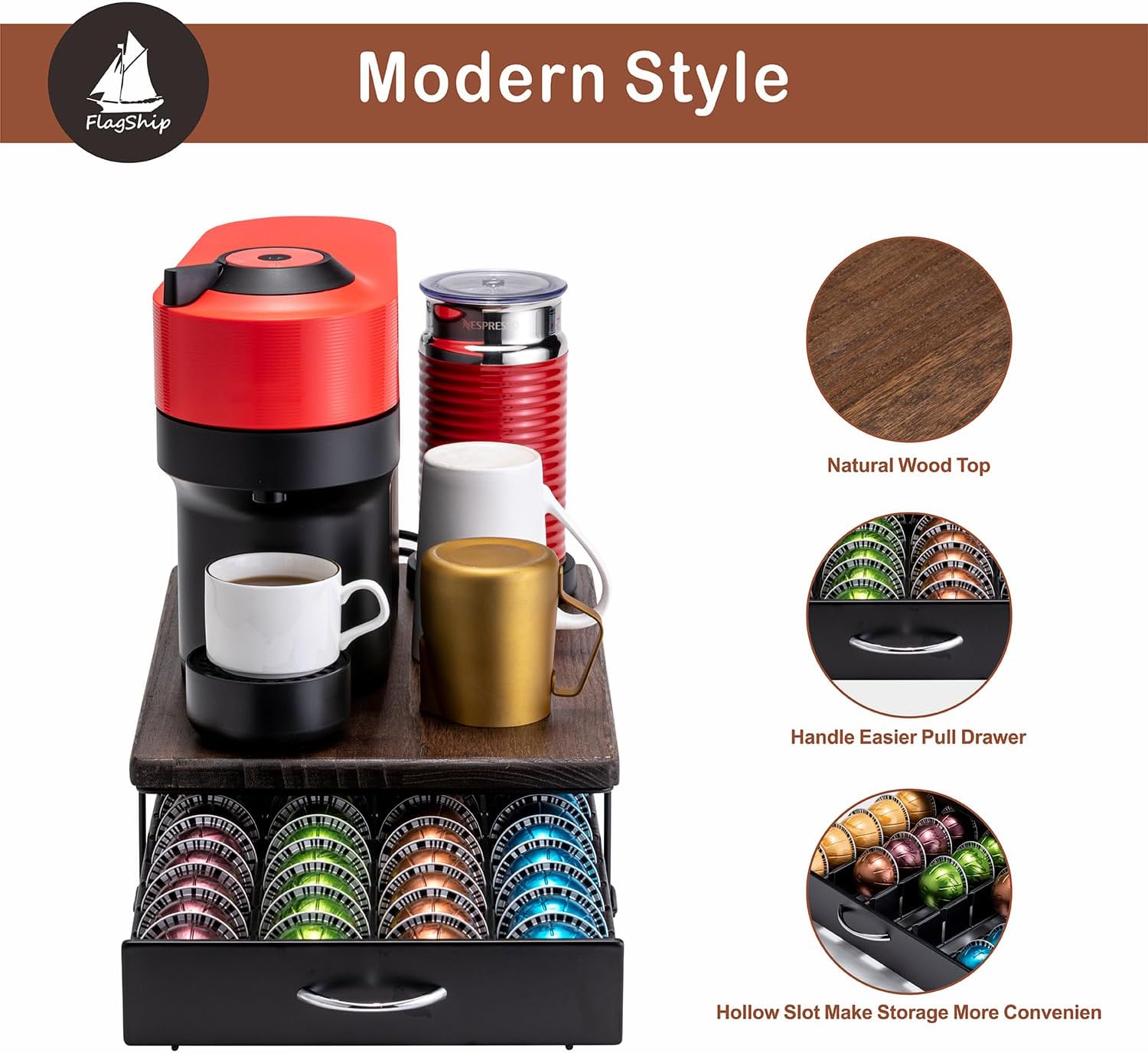 FlagShip for Nespresso Pod Drawer Vertuo Pod holder Coffee Pod Organizer Modern Style And Coffee Machine Stand Wood Top(40 Pods Capacity)