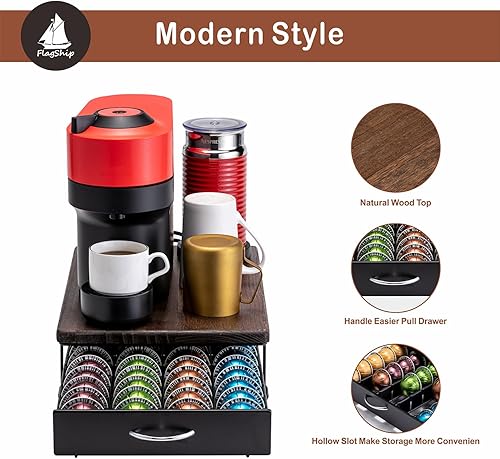 Miniatura 3 de FlagShip Para Nespresso Pod Drawer Vertuo Pod Holder Coffee Pod Organizer Estilo Moderno Y Soporte para Máquina de Café Tapa de Madera (Capacidad de
