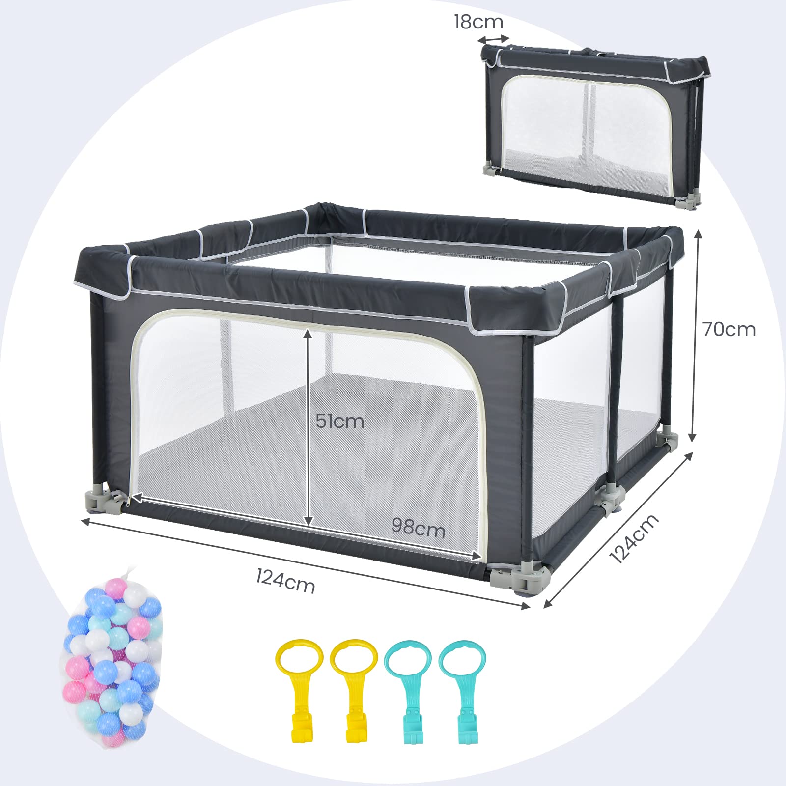 COSTWAY Parque Infantil Bebe Plegable, Parque de Juegos para Bebé, 124x124x70cm, Corralito Bebe con Malla Transpirable y Ventosas Antideslizantes, 50 Bolas, 4 Anillos de Agarre (Gris Oscuro)