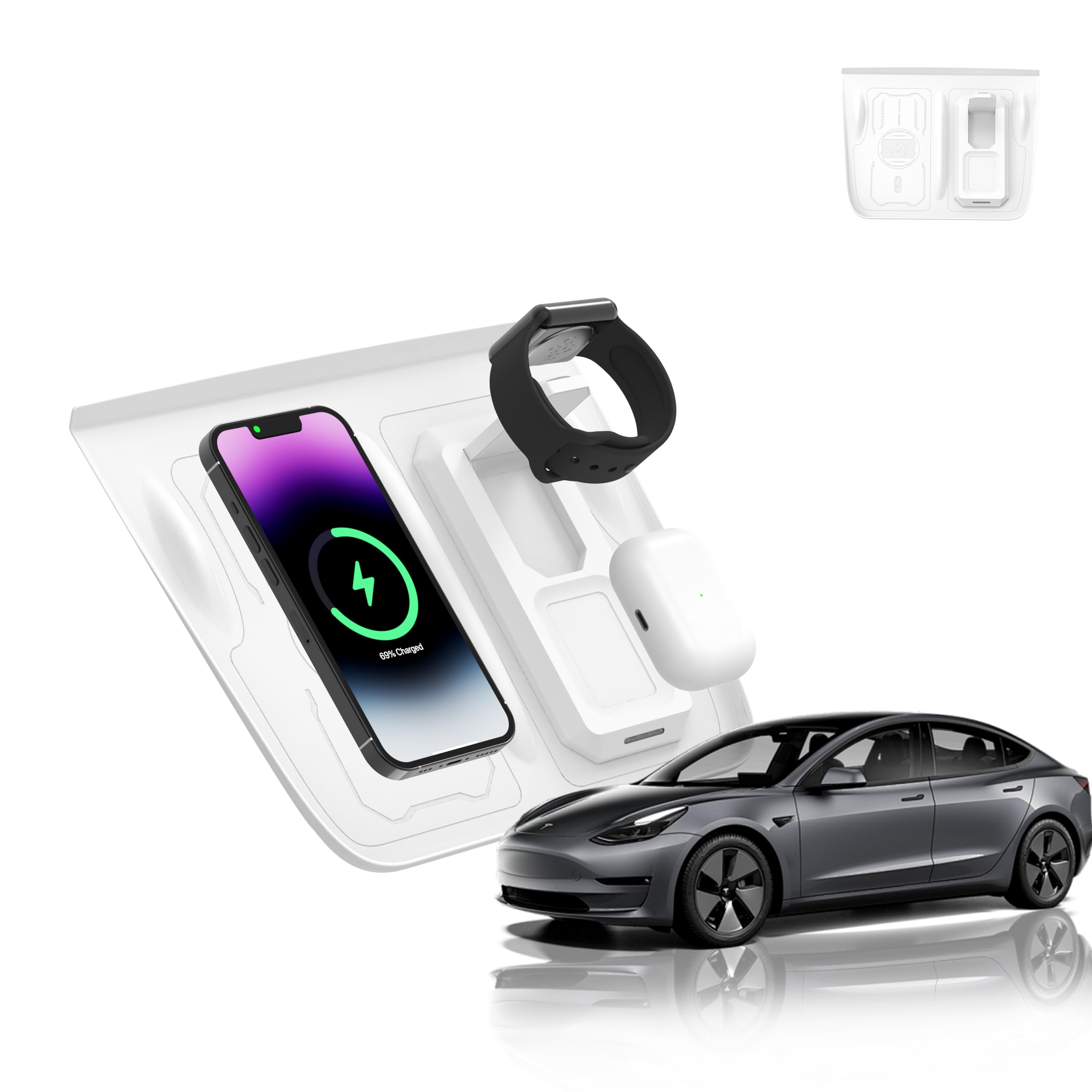 Fannasi 3-in-1 Wireless Charging Silicone Mat for Tesla Model Y&Model 3(2021-2023) Accessories, Anti-Slip Fast Charging Pad Compatible with