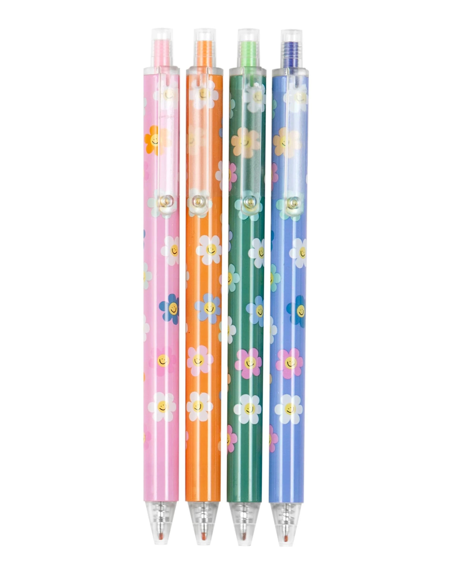 Callie Danielle Set of 4 Happy Daisy Colored Gel Pens for Journaling, Colorful Pens in Pink, Orange, Green & Blue, Smiling Flower Design, Gel Pen Cute