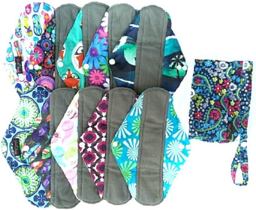 Wiseology 10 Piece Reusable Menstrual Overnight Heavy Flow Washable Incontinence Bamboo Charcoal Cloth Liner + 1 Double Zipper Wet Bag