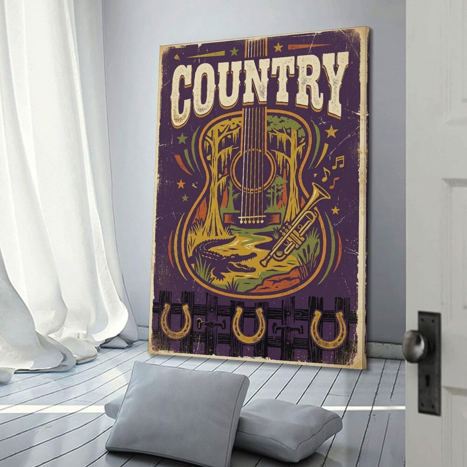 OKNGB Poster decorativo da parete su tela, motivo: coccodrillo e tromba, chitarra, palude, musica country, poster decorativo moderno per camera da letto, 60 x 90 cm