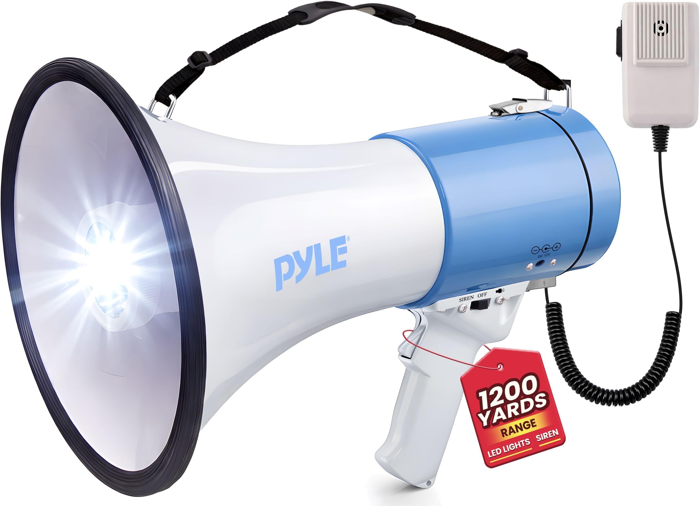PylePyle Portable Megaphone Bullhorn Speaker - 50W, 1200 Yard Range, Built-in Siren, Adjustable Volume Control and Microphone, Perfect for Outdoor Sports, Cheerleading, Safety Drills, and More