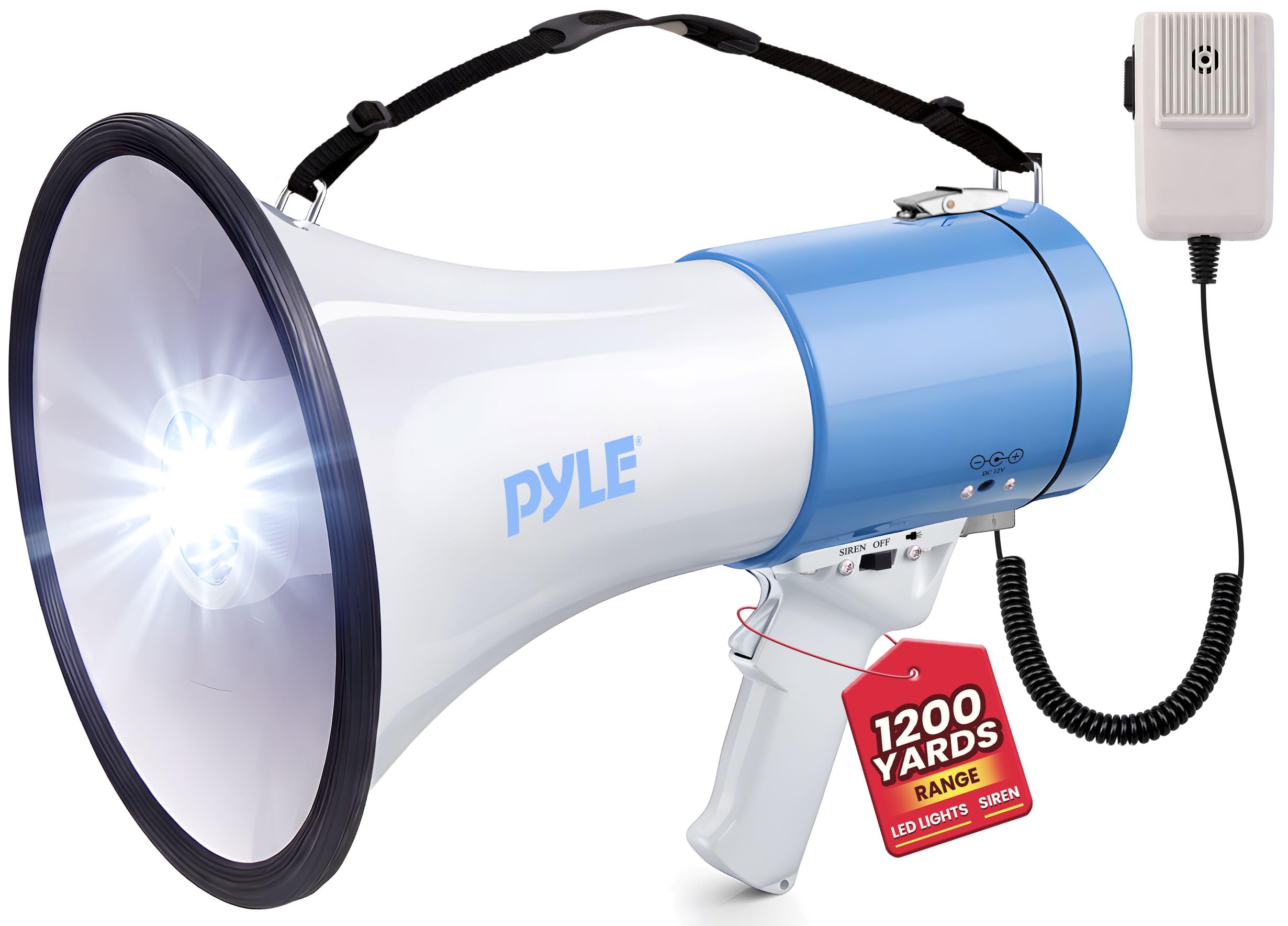 Pyle Kompaktowy przenośny głośnik megafonowy PA – ręczny bulhorn 50 W z latarką LED, syreną alarmową, regulowana głośność, odłączany mikrofon, zasilanie bateryjne do użytku wewnątrz i na zewnątrz